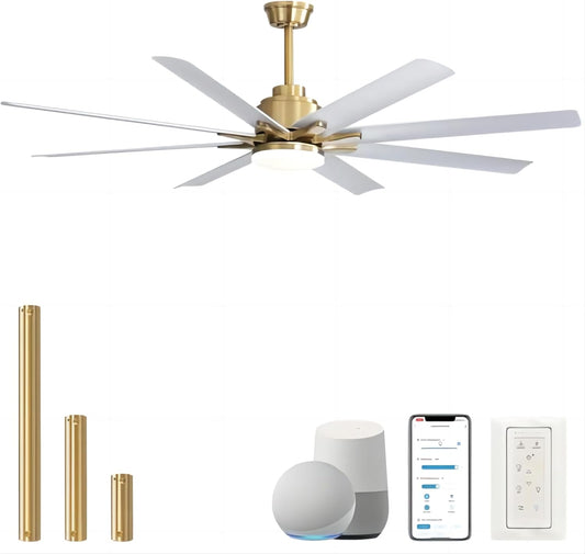 66 Inch Ceiling Fans with Lights and Remote, Indoor Outdoor Mordern Smart Ceiling Fan with Reversible Quiet DC Motor, 6 Speed, 8 Blades for Bedroom Living Room Patios Balcony (White+Gold)