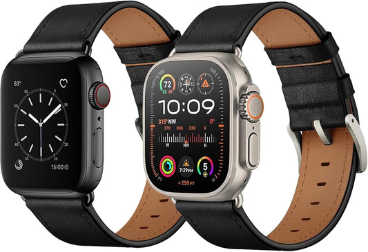 Compatible with Apple Watch Band 42Mm(Series 10) 41Mm 40Mm 38Mm, Genuine Leather Band Replacement Strap Compatible with Apple Watch (Black+Black/Titanium)