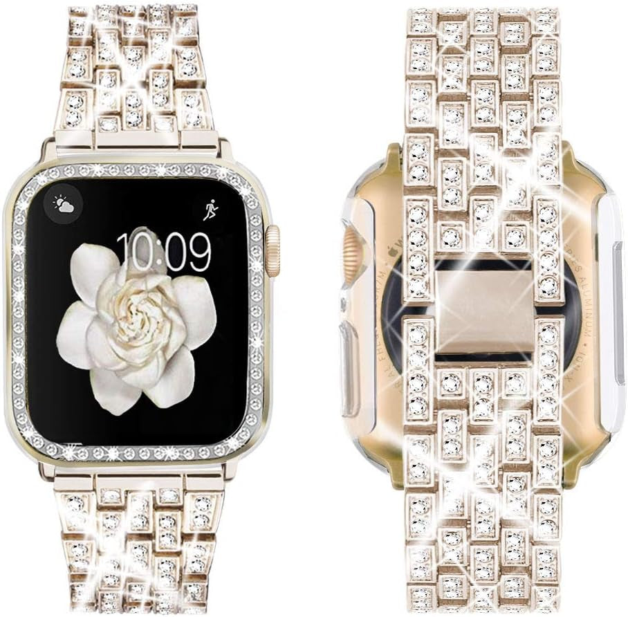 Compatible with Apple Watch Band 38Mm 40Mm 41Mm 42Mm 44Mm 45Mm 49Mm+ Case, Women Jewelry Bling Diamond Rhinestone Replacement Metal Strap& 2 Pack PC Protector Case for Iwatch Ultra 2/ Ultra Series 9/8/7/6/5/4/3/2/1/SE