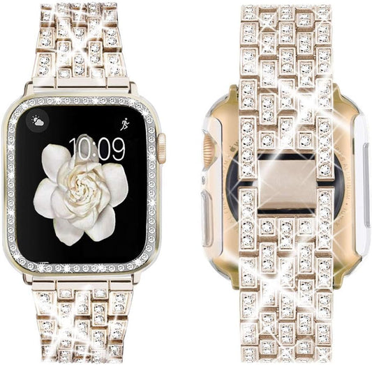 Compatible with Apple Watch Band 38Mm 40Mm 41Mm 42Mm 44Mm 45Mm 49Mm+ Case, Women Jewelry Bling Diamond Rhinestone Replacement Metal Strap& 2 Pack PC Protector Case for Iwatch Ultra 2/ Ultra Series 9/8/7/6/5/4/3/2/1/SE