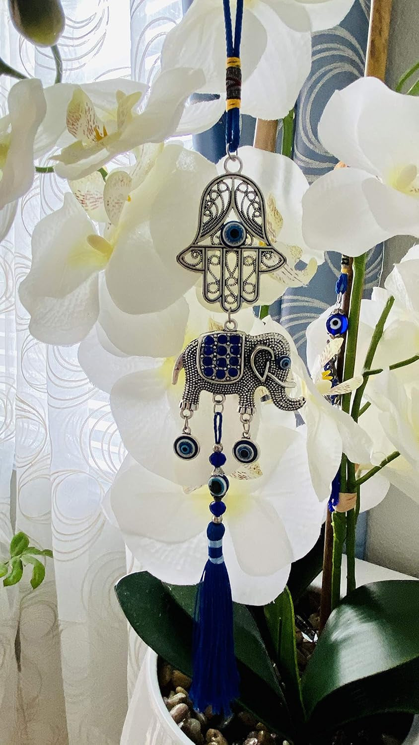 Blue Eye Hamsa Hand + Happy Elephant Double Pendant W/Blue Cord & Tassels - Evil Eye Car Hanging Ornament - Rear View Mirror Accessories, Home Decor Charm - Gift for Men & Women