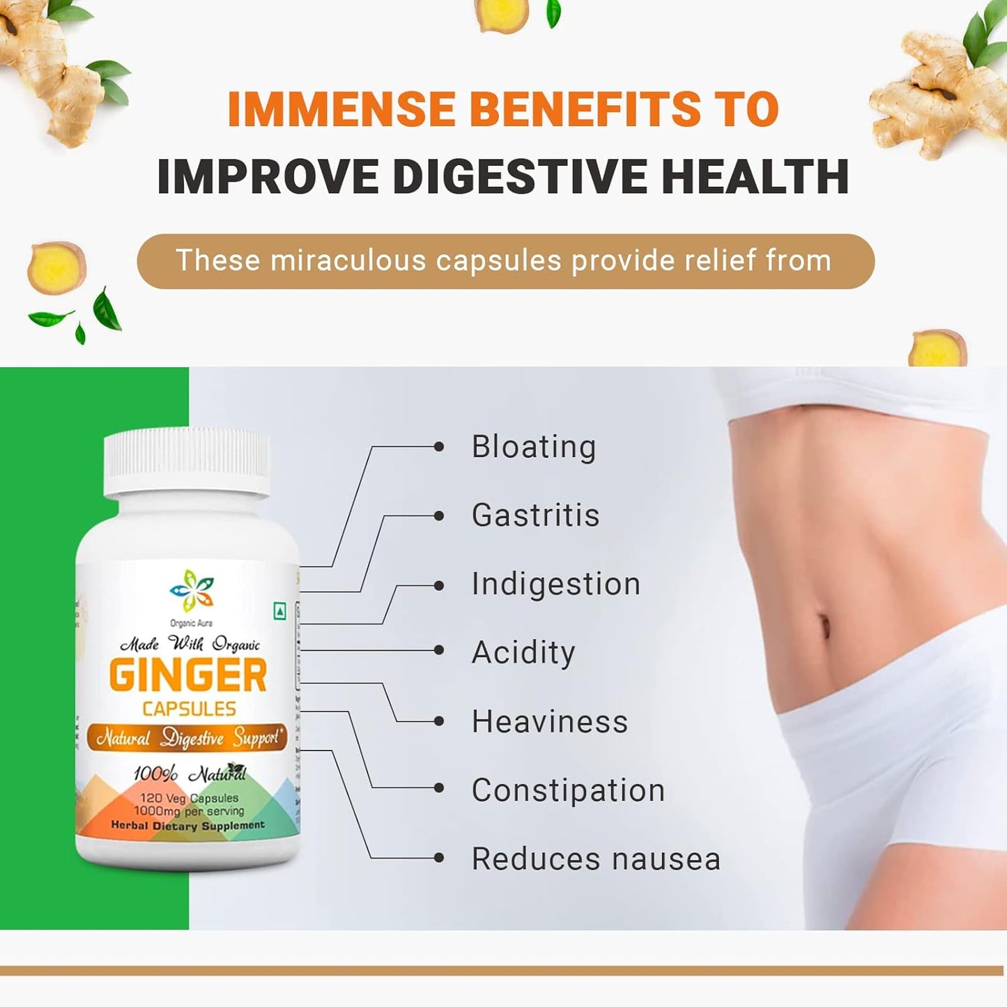Organic Aura Ginger Capsules - 120 Veg Capsules. 2 Month Supply. Naturally Boosts Digestion, Relief Stomach Upset and Improves Immunity. No GMO and Gluten Free. TLBH