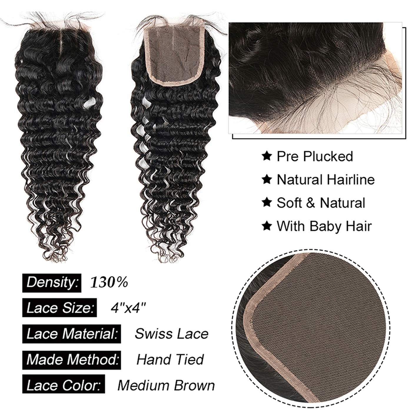 Brazilian Deep Wave Bundles with Closure Virgin Human Hair Bundles with Closure 4×4 Lace Mixed Length Hair Bundles Natural Color for Black Women 100% Unprocessed  (16 18 20+14)