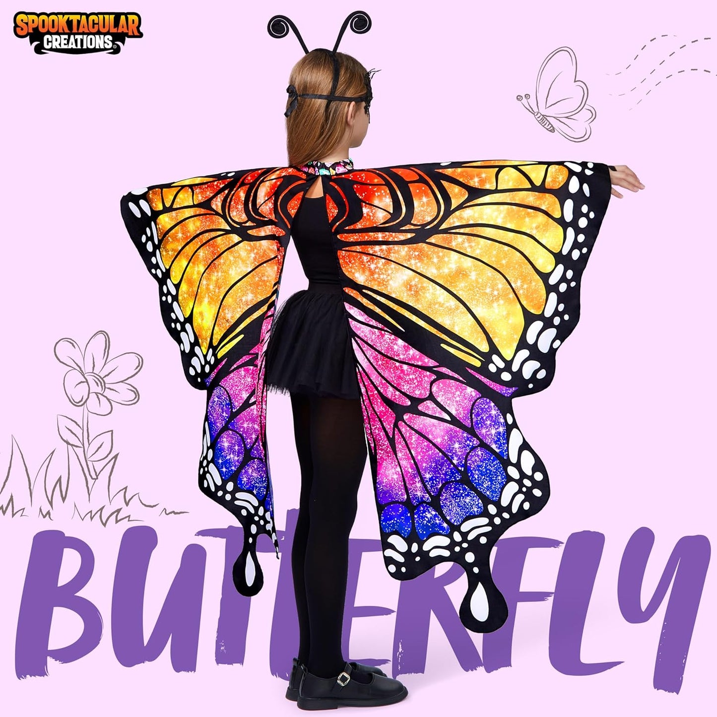 Starry Butterfly Wing, Butterfly Costume Kids for Halloween Costume Girls with Butterfly Shawl, Black Hairband and Eye Mask