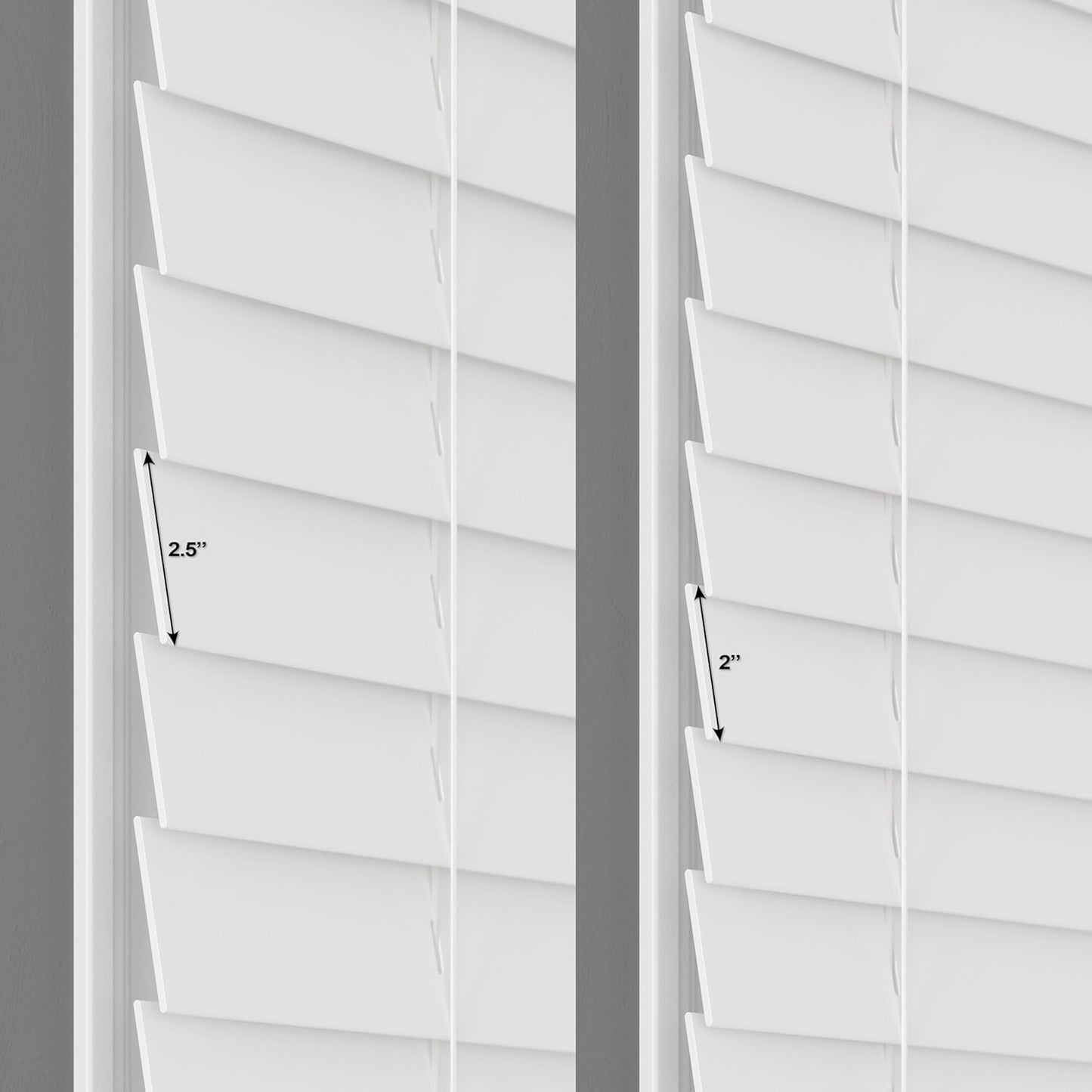 2.5 Inch Cordless Faux Wood Blind, 34" W X 60" L - White Plantation Style Venetian Blinds, over 400 Custom Sizes Starting at 29.97, Room Darkening Shades for Interior Windows by
