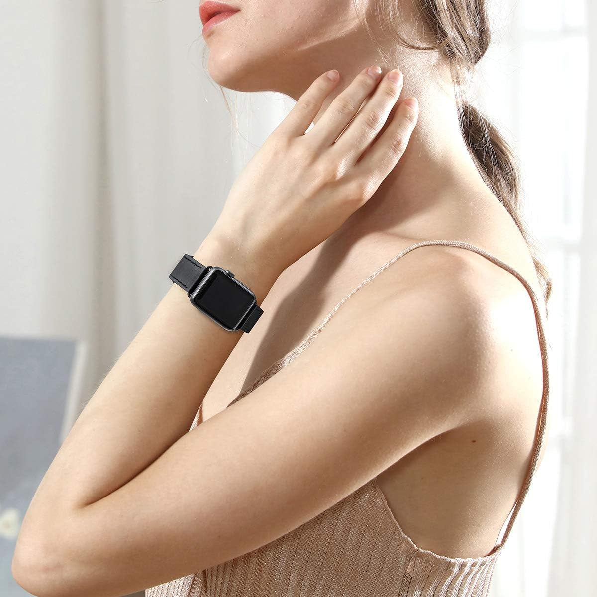 Leather Bands Compatible with Apple Watch Band 38Mm 40Mm 41Mm 42Mm 44Mm 45Mm 49Mm, Genuine Leather Strap Compatible for Women Men Iwatch SE Ultra Series 9 8 7 6 5 4 3 2 1 (Black/Black)