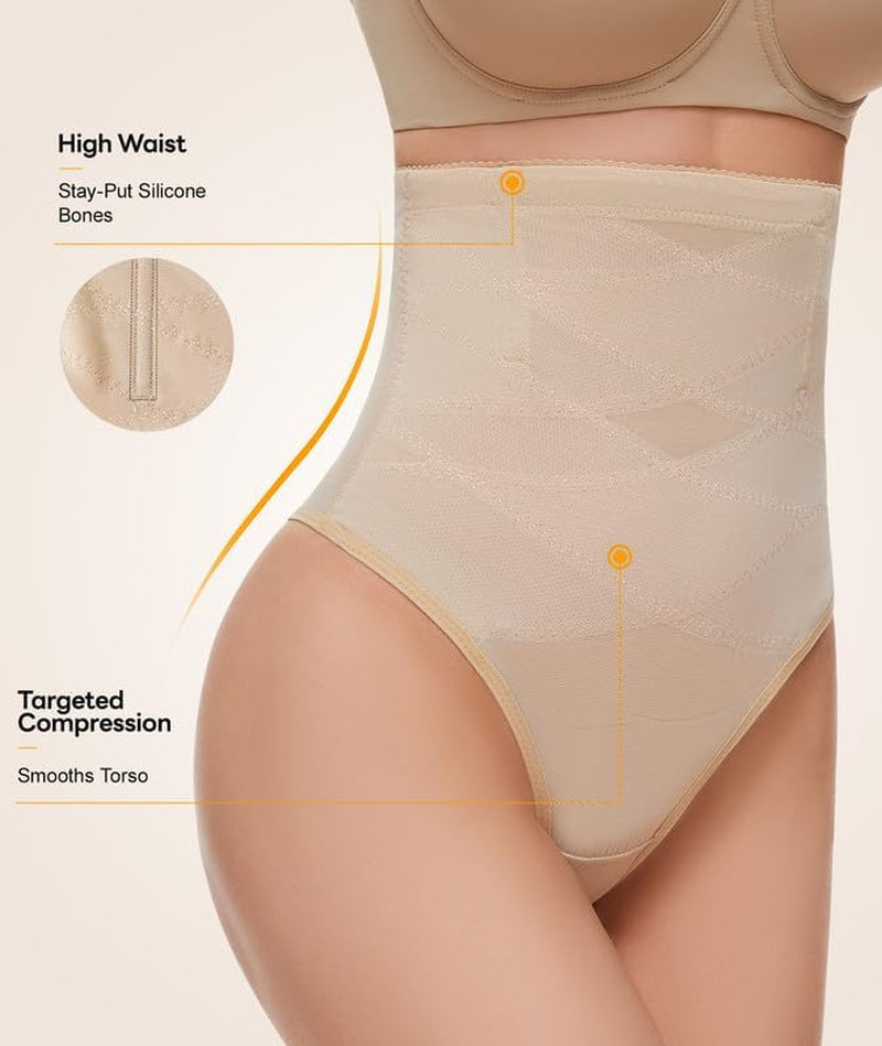 Thong Shapewear Tummy Control Underwear for Women High Waisted Stay-Put Body Shaper Girdle Targeted Compression