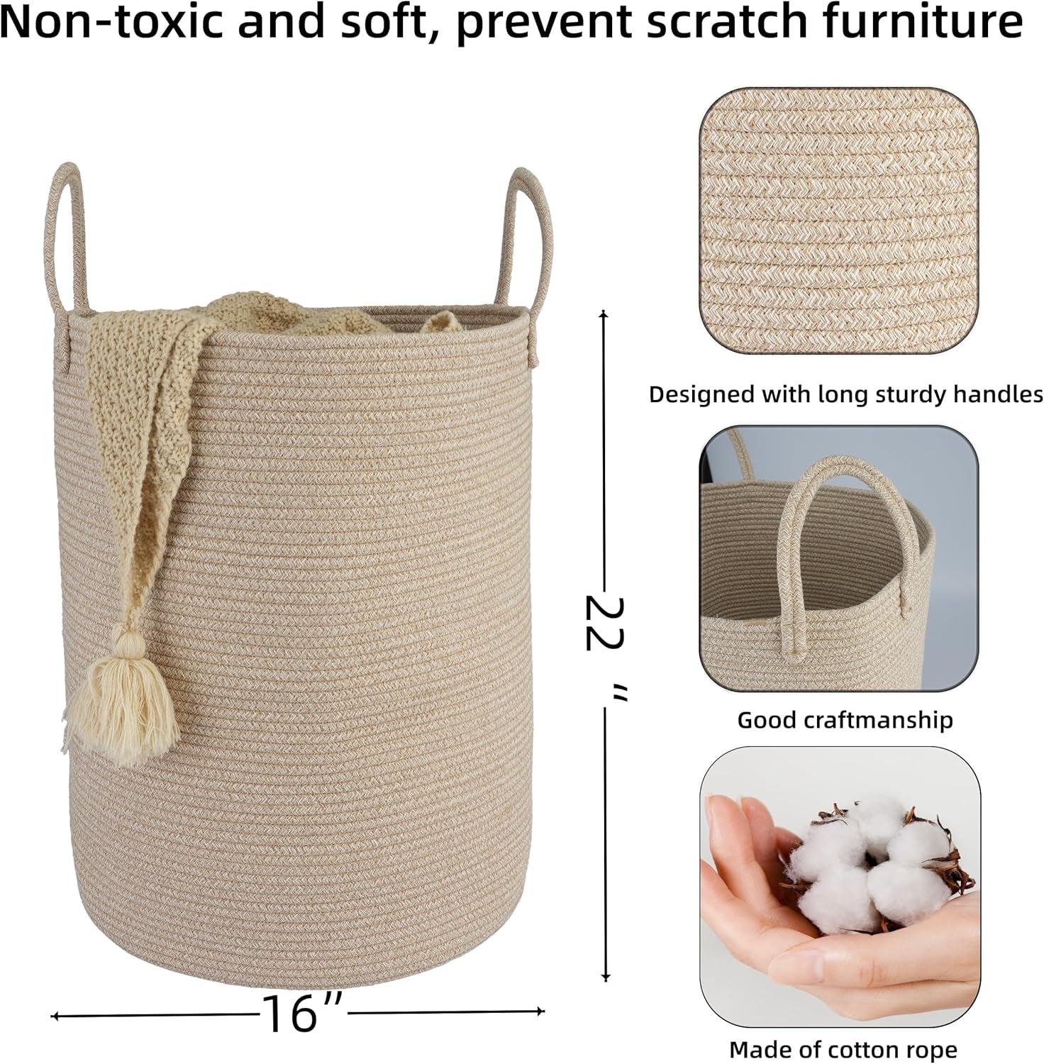 Cotton Rope Laundry Basket Hamper for Clothes Woven Storage Basket for Living Room Bedroom Boho Tall Rope Baskets for Blanket Toys Pillow Towels Baby Nursery Hamper Bin Large Oatmeal