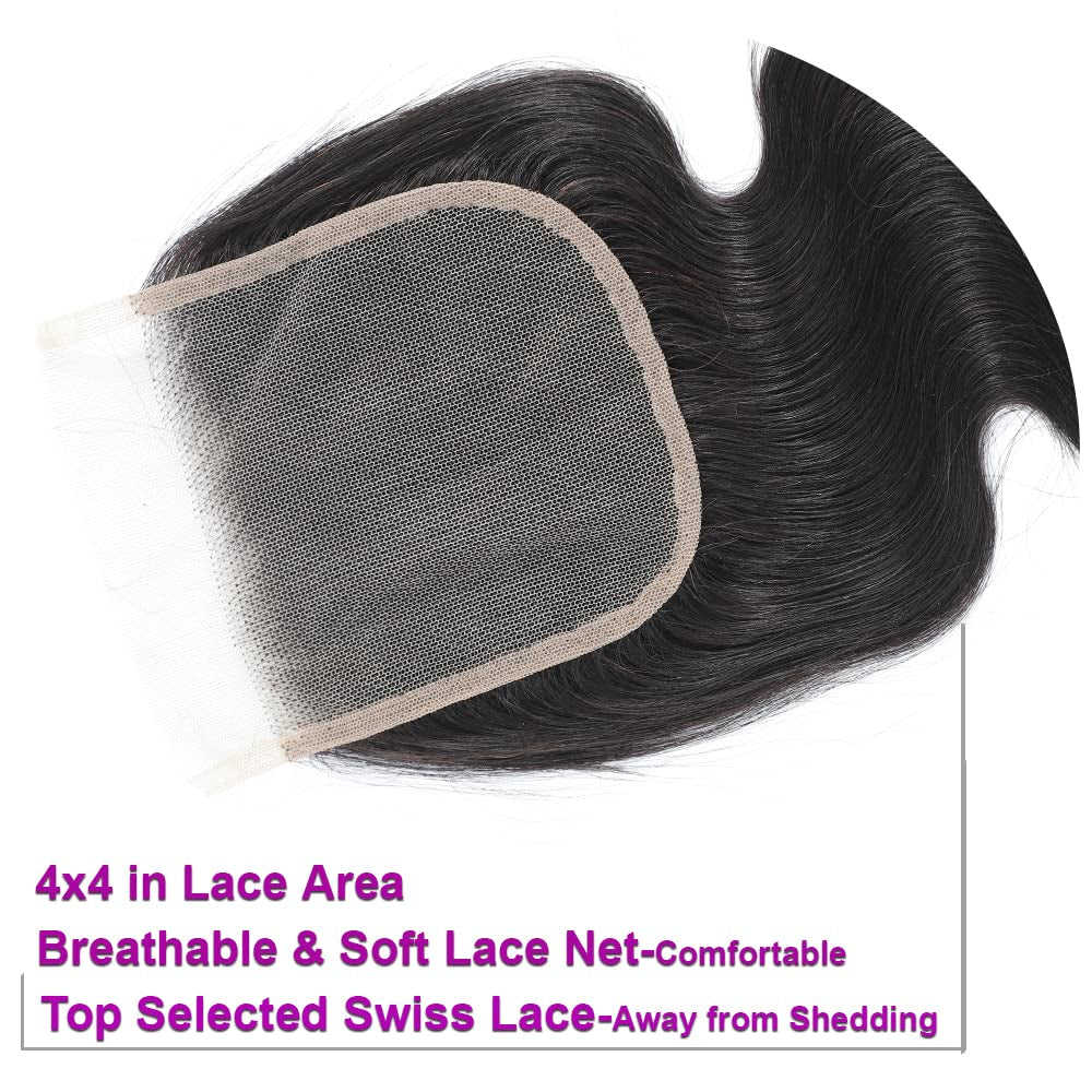 Body Wave Closure 4X4 Free Part Closure Brazilian Human Hair Closure Body Wave Lace Human Hair 100% Unprocessed Virgin Human Hair Weave Swiss Lace Closures with Baby Hair Natural Black(10Inch)
