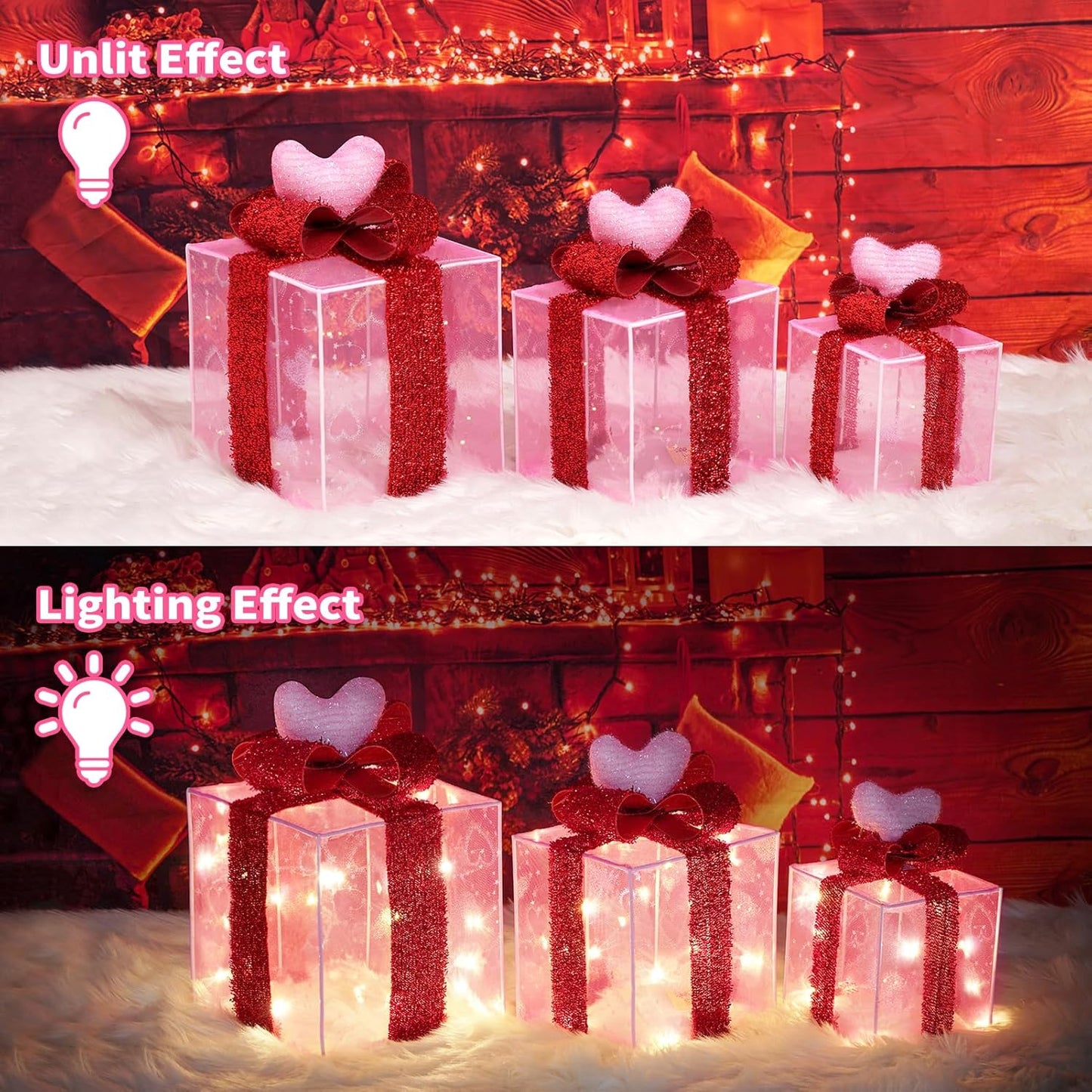 Christmas Lighted Gift Boxes with Pink Cloth, Pre-Lit Lights Gift Boxes Set of 3, Light up Present Boxes Set Battery Operated with Different Sizes for Holiday Indoor Outdoor Decorations
