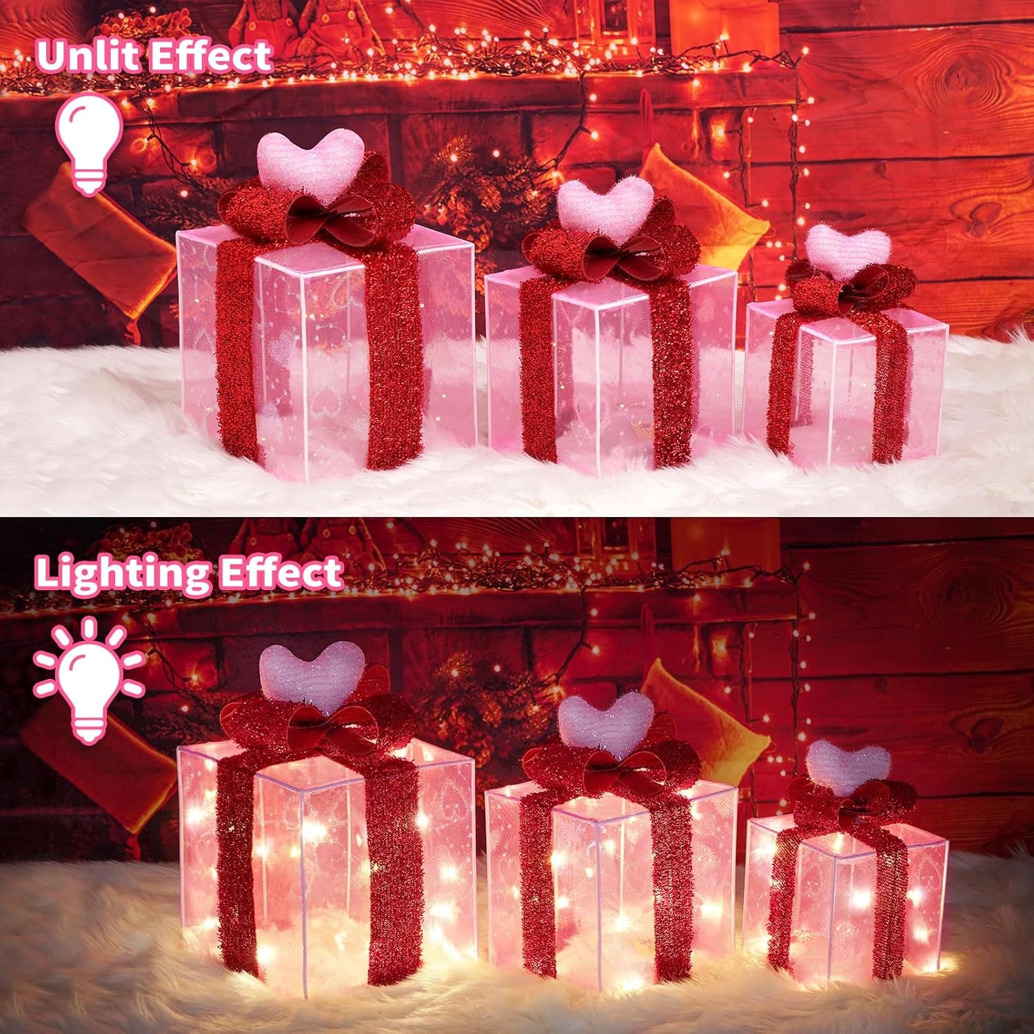 Christmas Lighted Gift Boxes with Pink Cloth, Pre-Lit Lights Gift Boxes Set of 3, Light up Present Boxes Set Battery Operated with Different Sizes for Holiday Indoor Outdoor Decorations