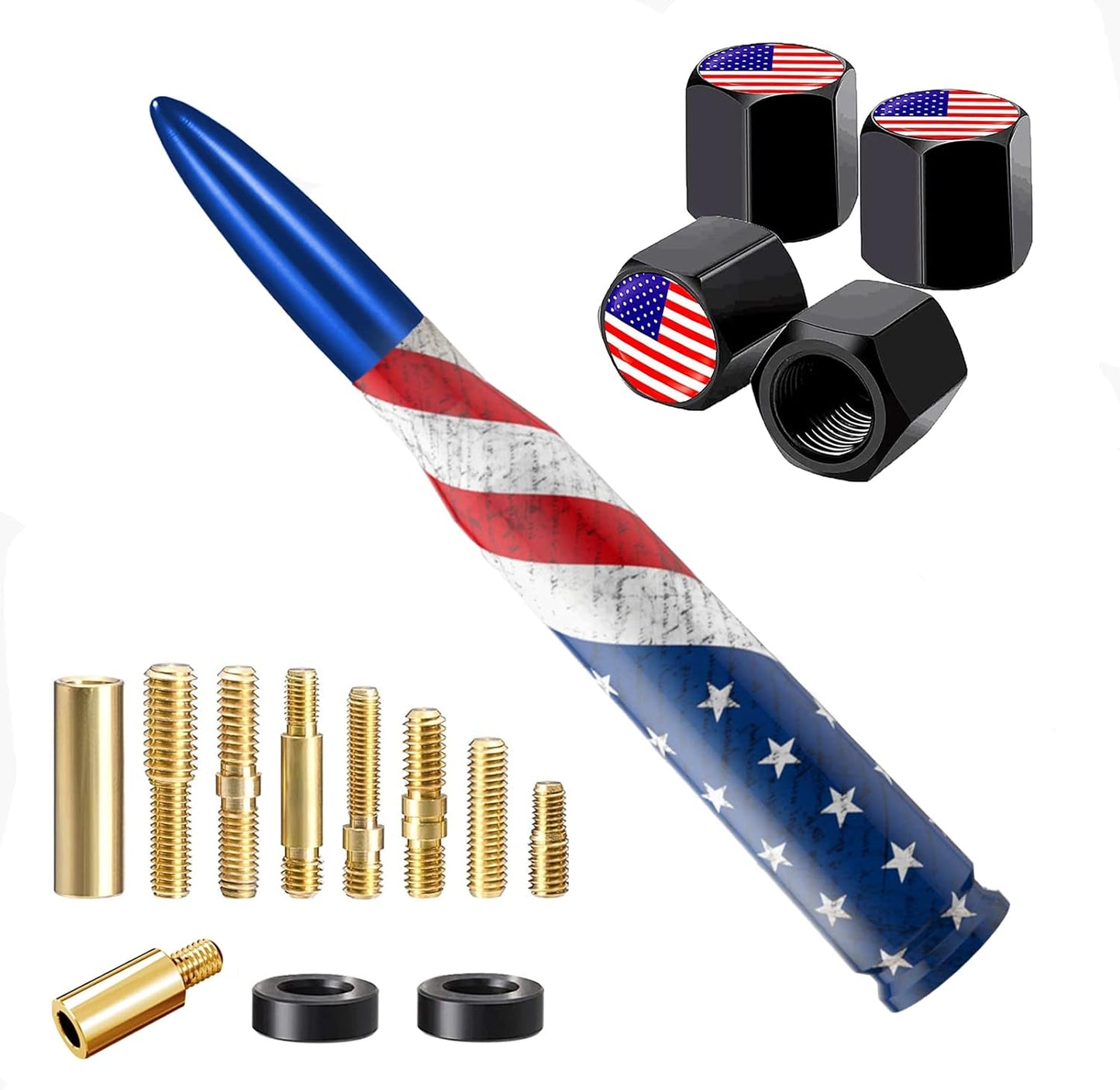American Flag Car Truck Antenna with Valve Stem Caps, Universal Mast for GM Chevy Silverado 1500 2500 3500 HD Avalanche Ford F150 F250 F350 Denali Heavy Duty Pickup Trucks Accessories (Black)