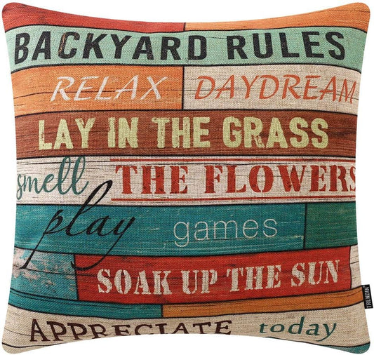 Wooden Plank Backyard Rules Throw Pillow Cover 18X18 Inch Backyard Decor Cotton Linen Cushion Case for Sofa Couch PL504TR