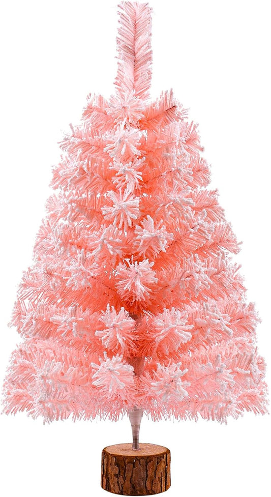 2Ft Artificial Christmas Tree Pink Tabletop Christmas Tree with Snow Flocked Mini Xmas Pine Tree with Wooden Stand for Indoor Outdoor Holiday Home Decoration