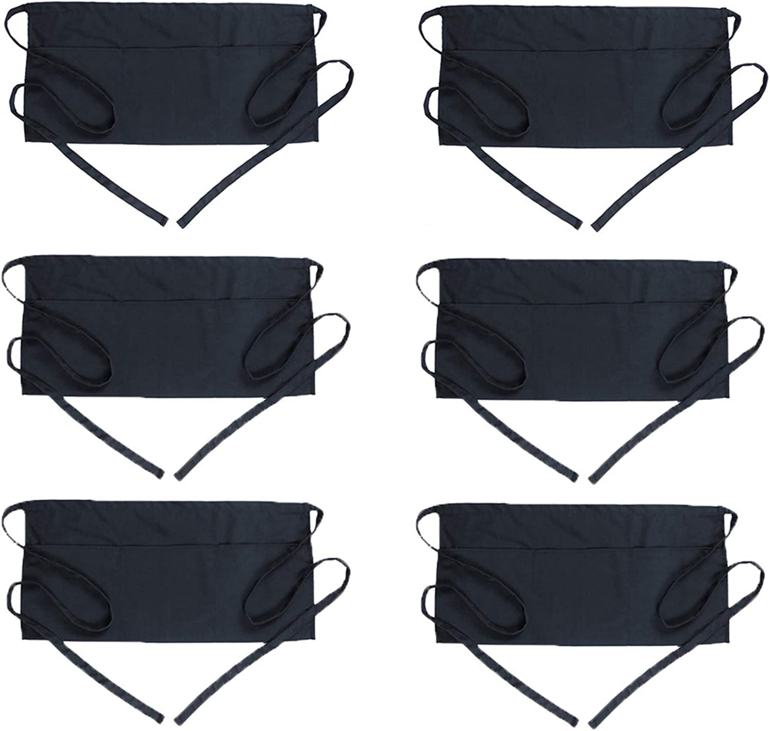 Waist Apron with 3 Pockets - Black Waitress Waiter Server Short Aprons