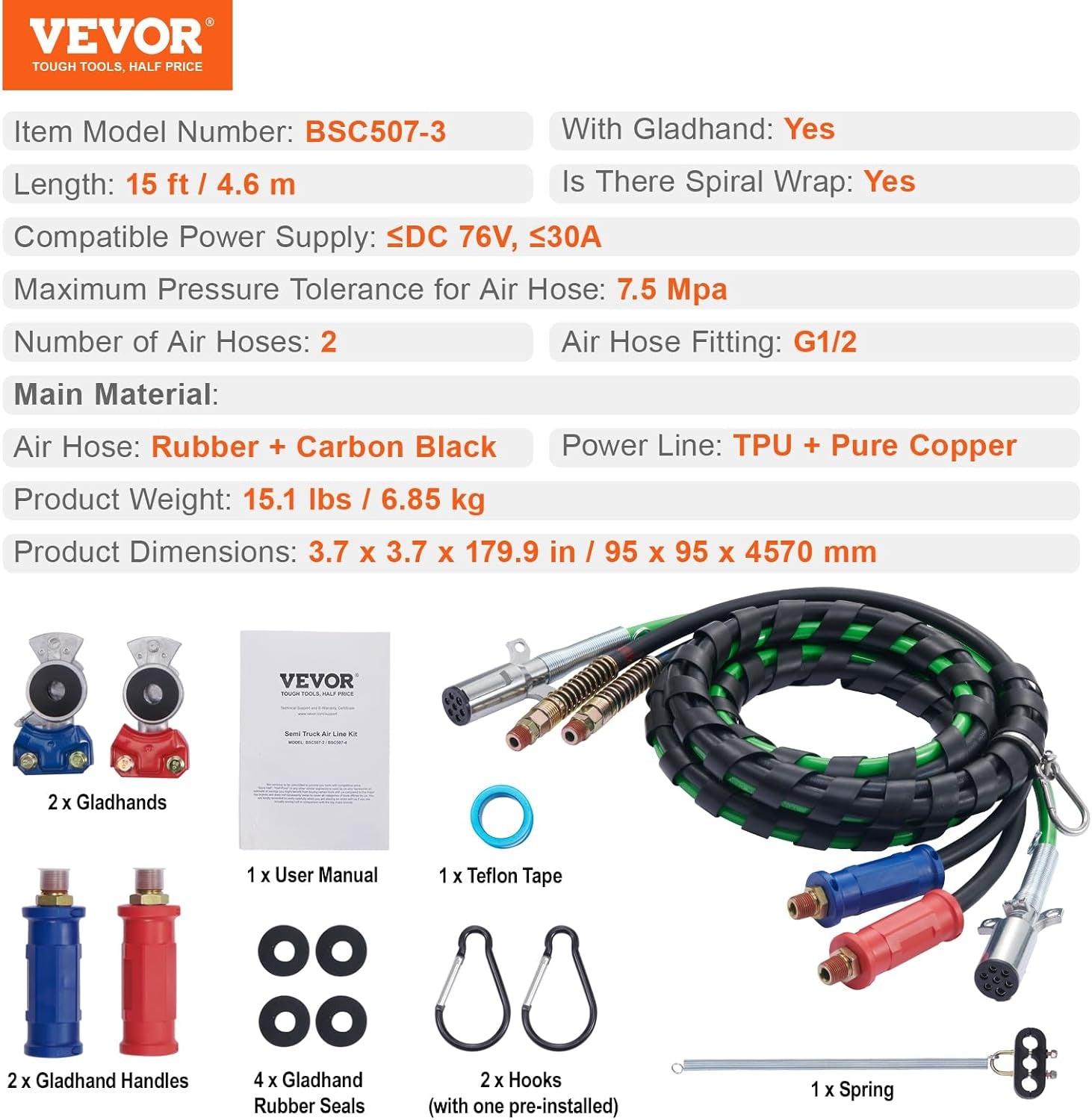 15FT Semi Truck Air Lines Kit with 2PCS Glad Hands, 3-In-1 Air Hoses & 7 Way ABS Electric Power Line, with 2PCS Gladhand Handles, 4PCS Seals and Tender Spring Kit for Semi Truck Trailer Tractor TRUCK DRIVER
