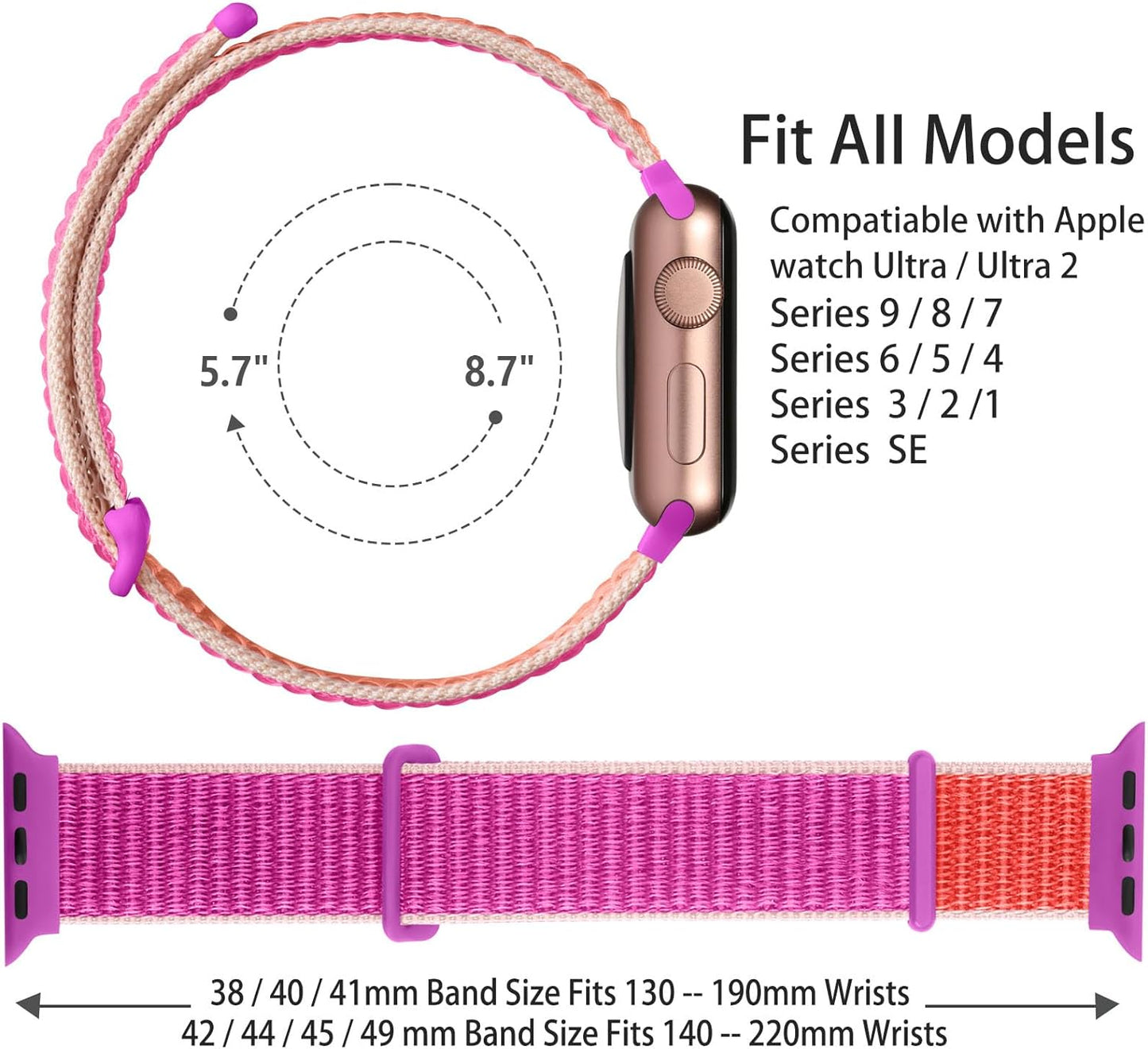 Soft and Breathable Sport Nylon Loop Strap Compatible with Apple Watch Bands 38MM 40MM 41MM 42MM 44MM 45MM 49MM, Women Men Adjustable Straps Compatible with Iwatch Series SE 9/8/7/6/5/4/ Ultra