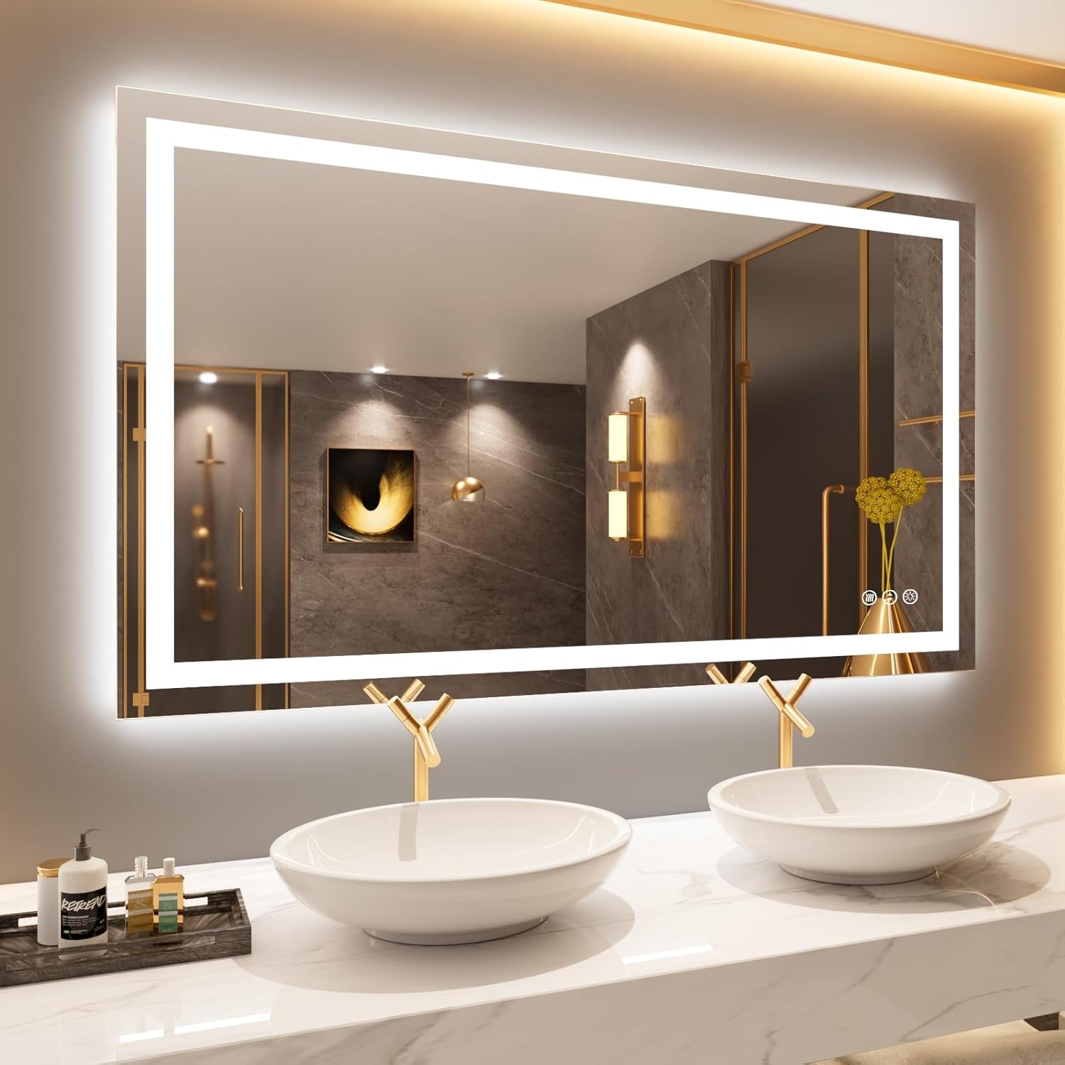 60”X30“ RGB LED Bathroom Mirror with Lights for Bathroom, Anti-Fog, Dimmable，Multiple Light Modes, RGB Backlit + Front Light, Memory Function, Tempered Glass