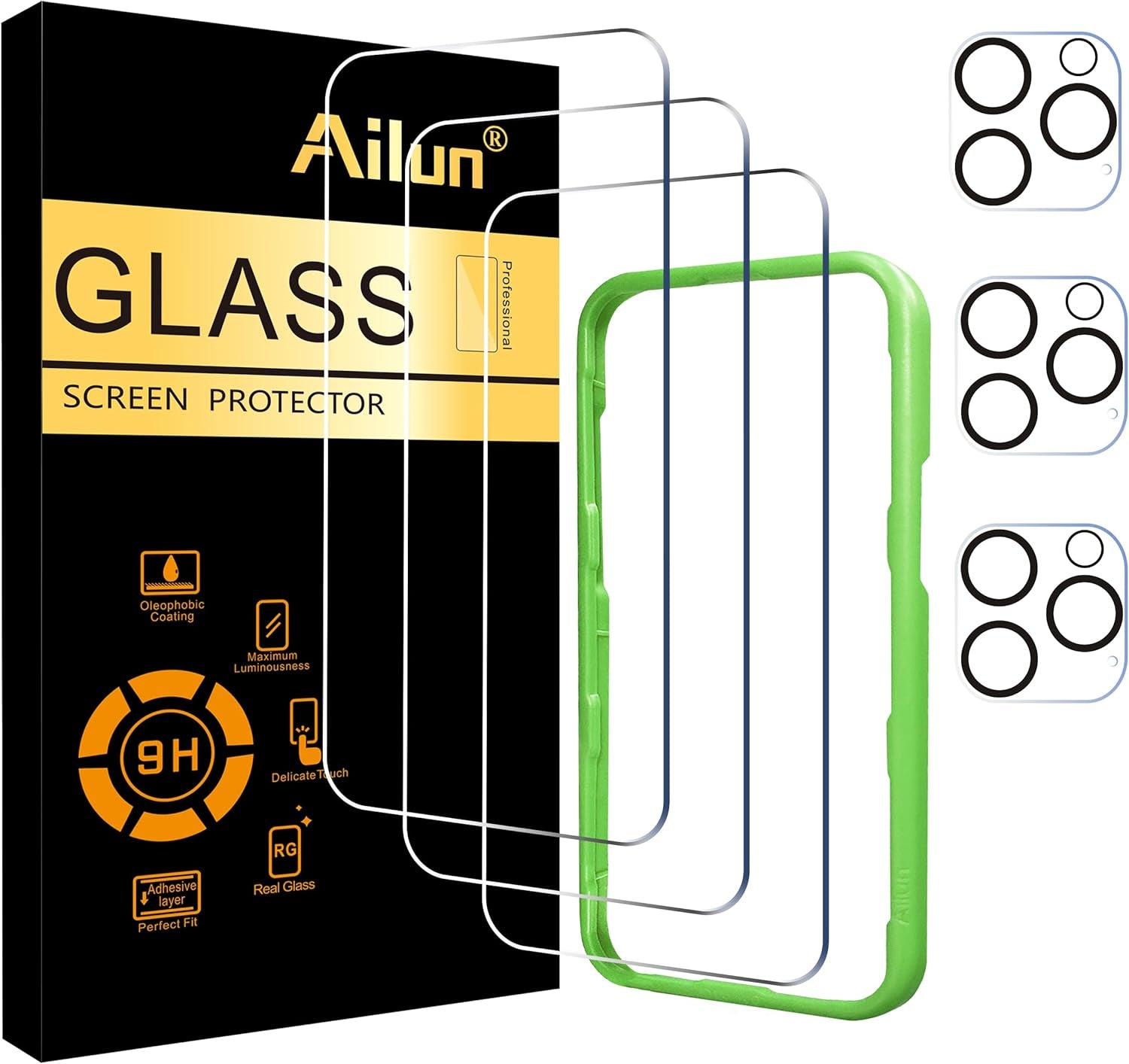 3 Pack Screen Protector for Iphone 16 [6.1 Inch] + 3 Pack Camera Lens Protector with Installation Frame,Case Friendly Tempered Glass Film,[9H Hardness] - HD [6 Pack]