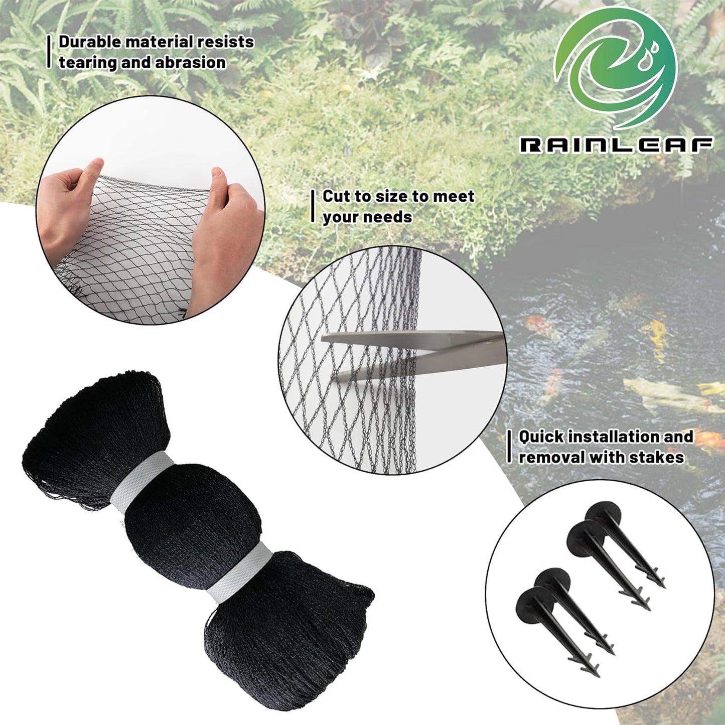Pond Netting, 7' X 10' Pond Net Cover, Koi Pond Netting for Leaves, Heavy Duty Koi Pond Net Protecting Koi Fish from Herons, Stakes Included