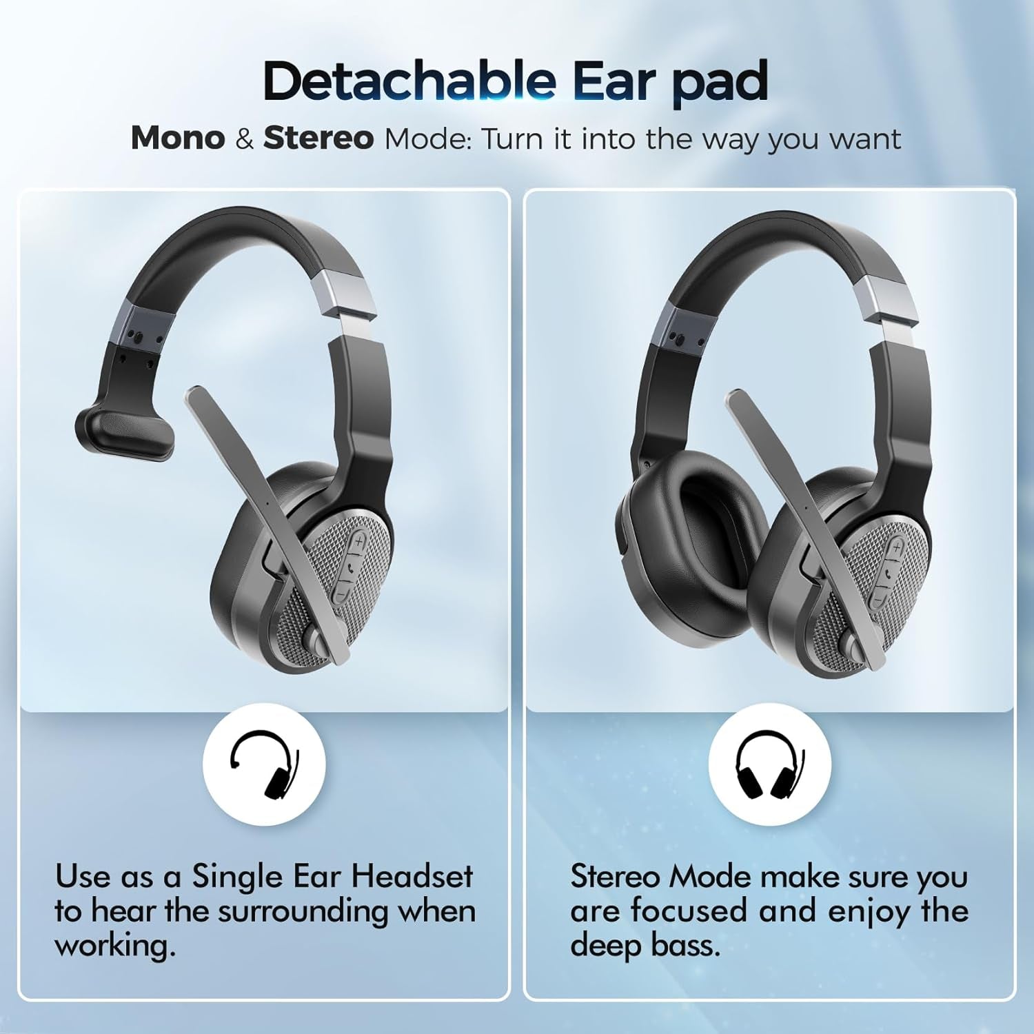 Trucker Bluetooth Headset, Wireless Headsets with Noise Cancelling Microphone, 50+Hrs HD Talktime Bluetooth Headphones with Detachable Earpad/Single+Dual Mode for Office/Driving/Home (Silver) TRUCK DRIVER