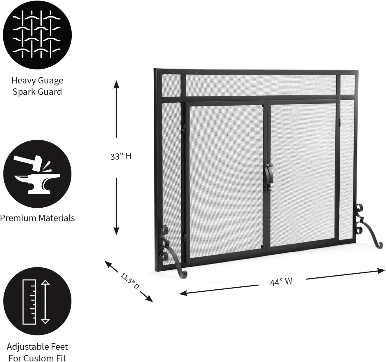 Metal Fireplace Screen Flatguard Black | 44" W X 33" H | 2 - Door | Spark Guard Indoor Grate | Iron Fire Place Cover | Wood Burning Stove Decorative Accessories