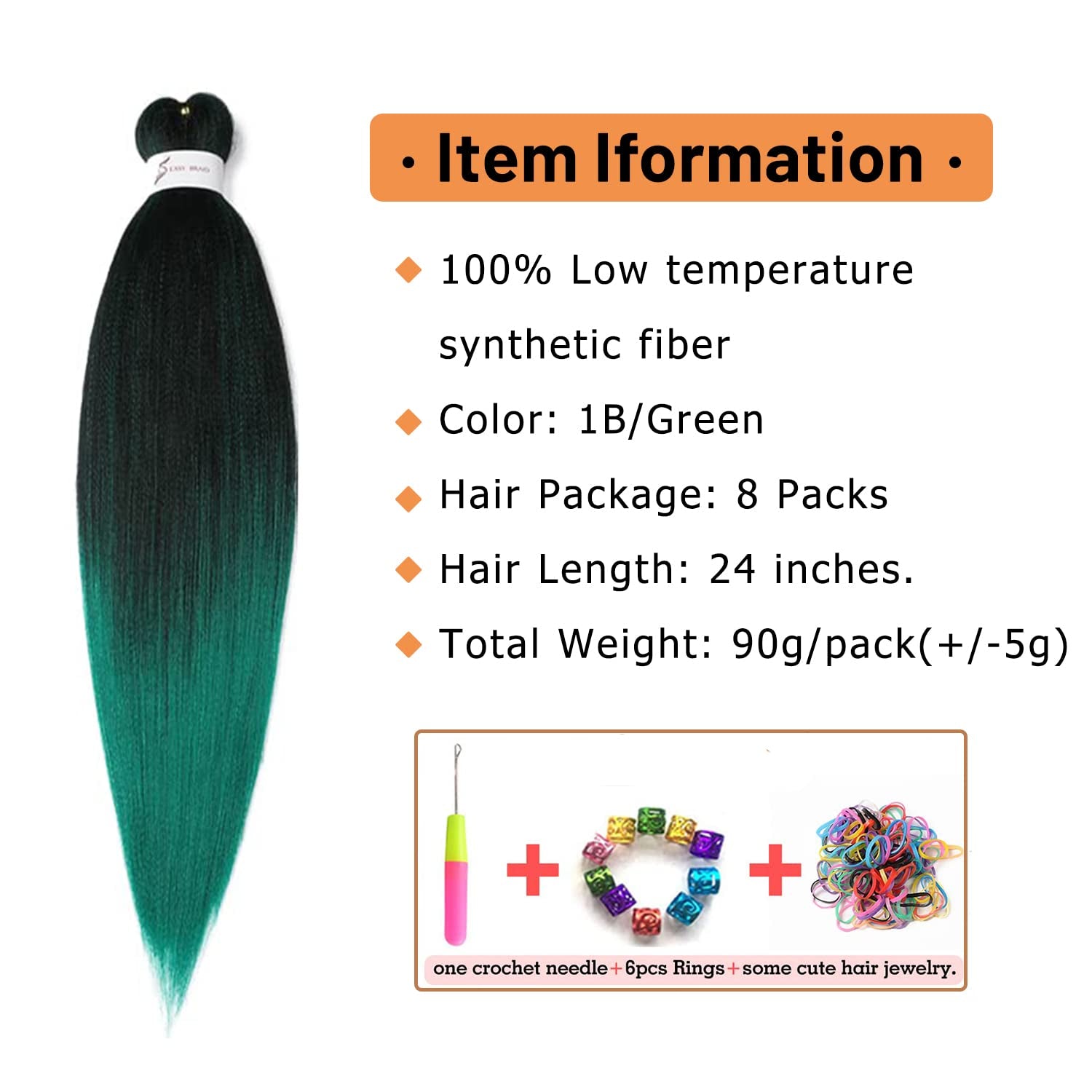 Pre-Stretched Braiding Hair, 24 Inch Braiding Hair 8 Packs Ombre Black to Green Professional Soft Yaki Texture,No Itch, Hot Water Setting Hair Extensions for Braids (24In,1B/Green)