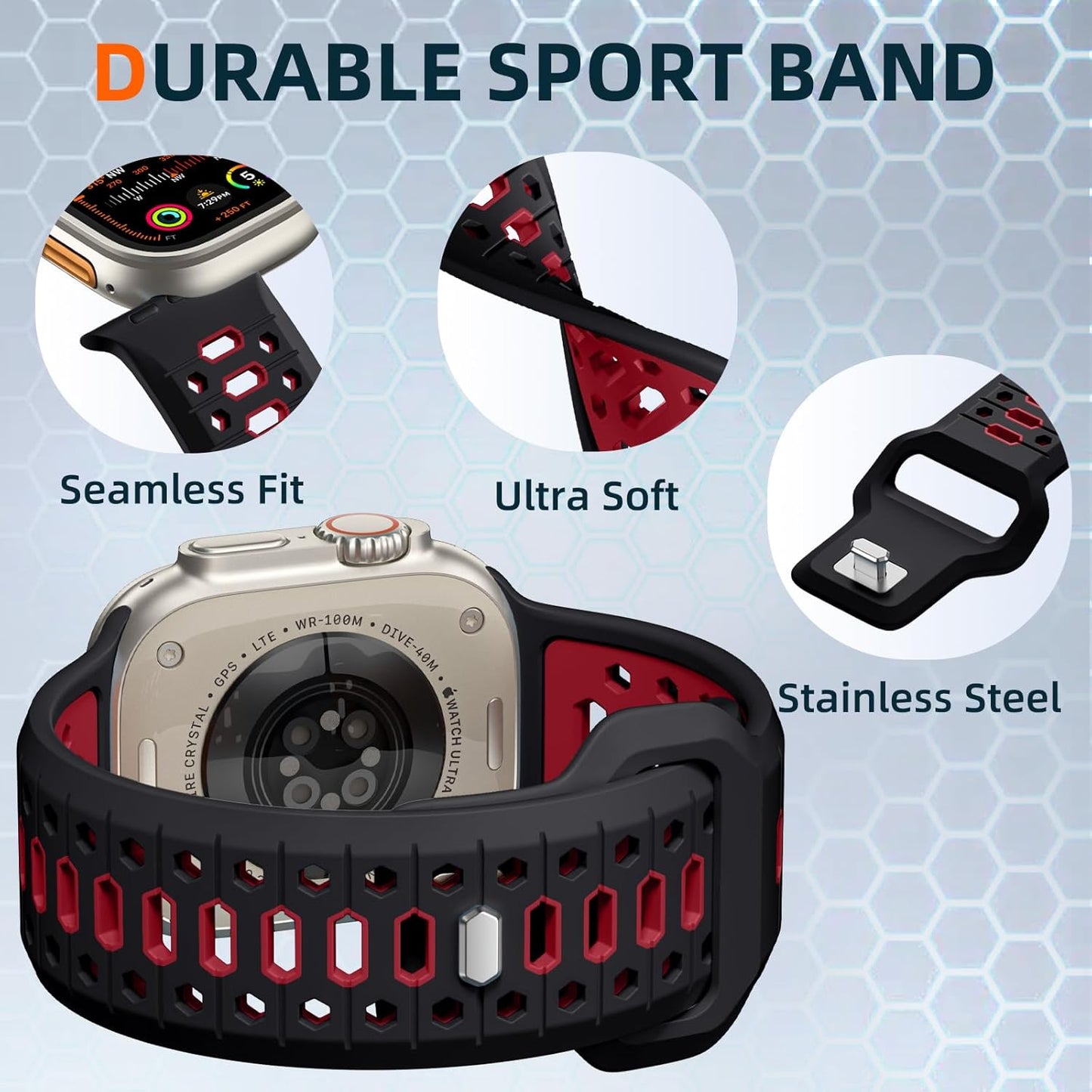 Black & Red Color 26MM Width Breathable Silicone Sport Band Compatible with 49Mm Apple Watch Ultra 2/1, 46Mm Series 10, 45Mm Series 9 8 7, 44Mm Series 6 5 4 SE 2/1, 42Mm Series 3 2 1