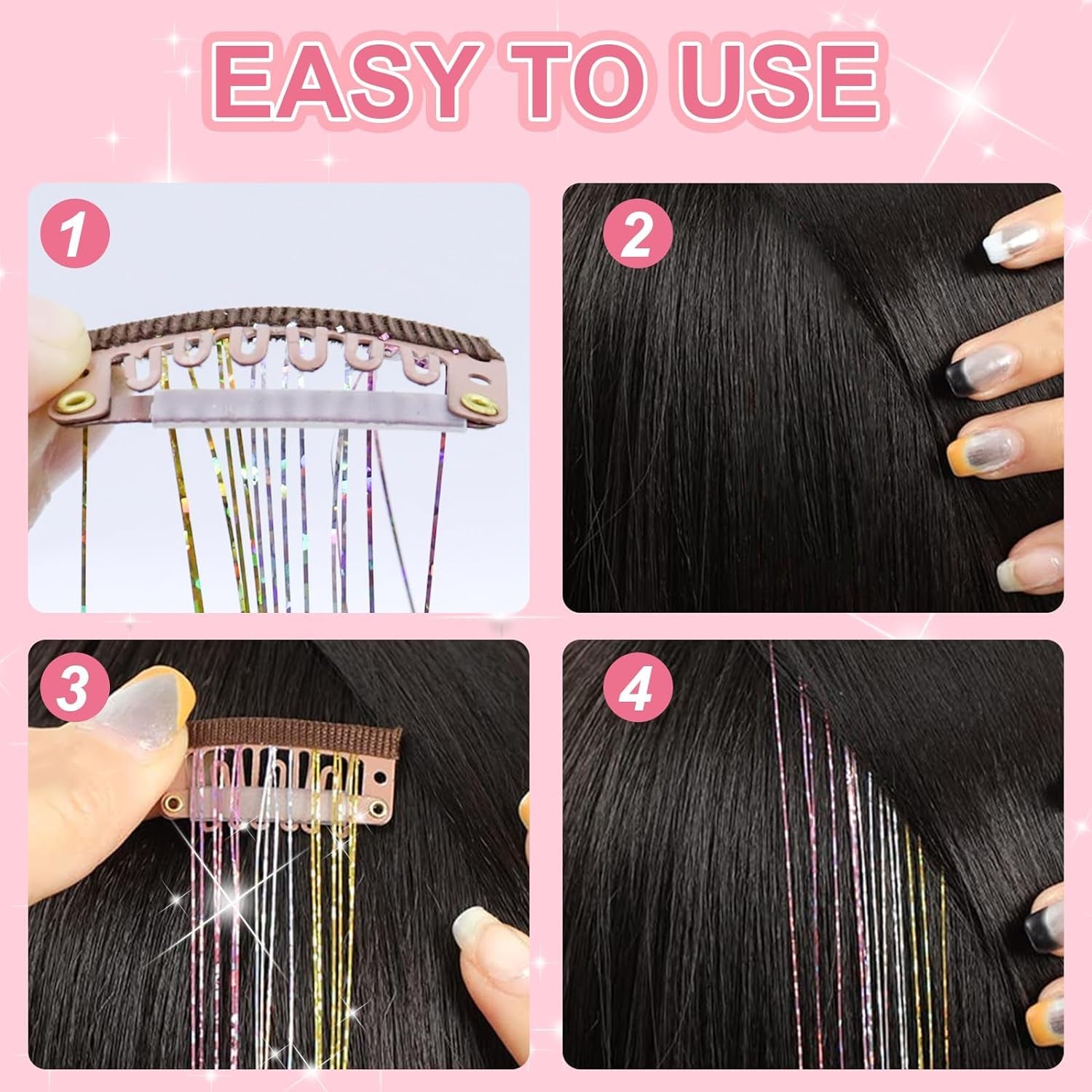 Hair Tinsel Kit Pack of 18 Pcs Hair Tinsel Clip in 19.6Inch Glitter Tinsel Hair Extensions Heat Resistant Clip in Hair Tinsel Sparkle Fairy Hair Accessories for Kids Girls Women (Pink)