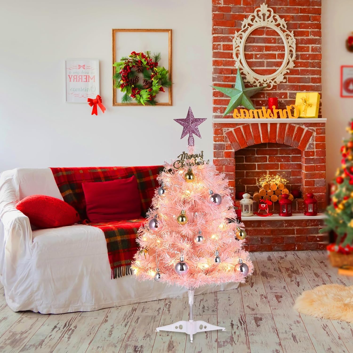 Small Pink Christmas Tree, 2Ft Mini Christmas Tree, Artificial Small Desktop Xmas Tree with Lights and Tree Ornaments, for Christmas Thanksgiving Decorations
