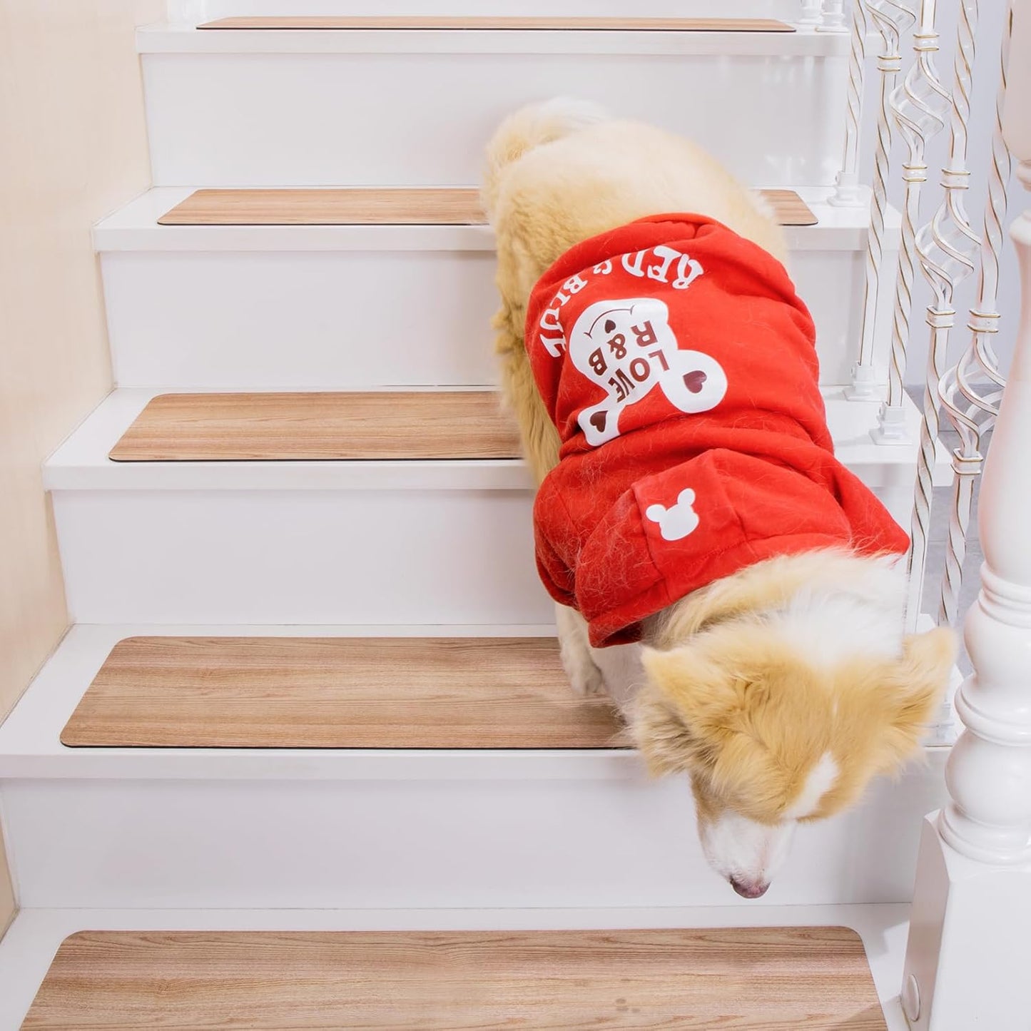 Non Slip Rubber Stair Treads, Indoor Stair Treads Stair Runners for Wooden Steps, Basement Stair Mats for Pet, Kids and Elderly, Brown Wood, 30"X8", Set of 15