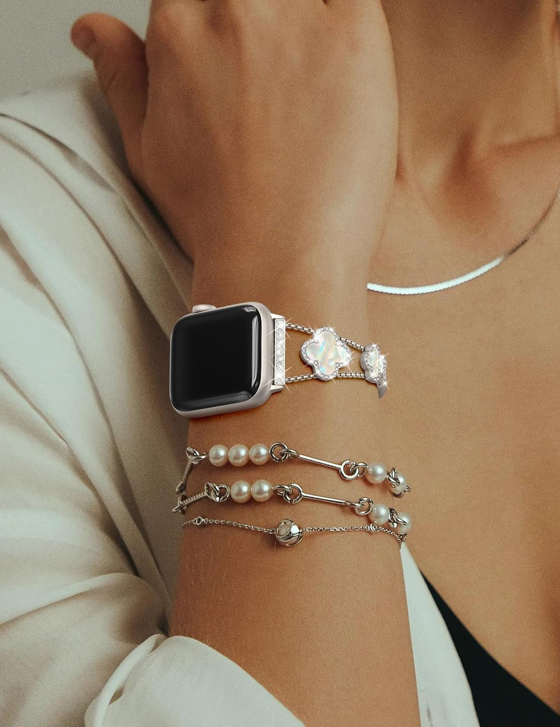 Bling Womens Band Compatible with Apple Watch Band 40Mm 41Mm 38Mm Series 9 8 7 6 5 4 3 2 1 SE, Sparkle Diamond Replacement Bracelet Wristband, Cute Lucky Clover Dressy Iwatch Band,Starlight/White