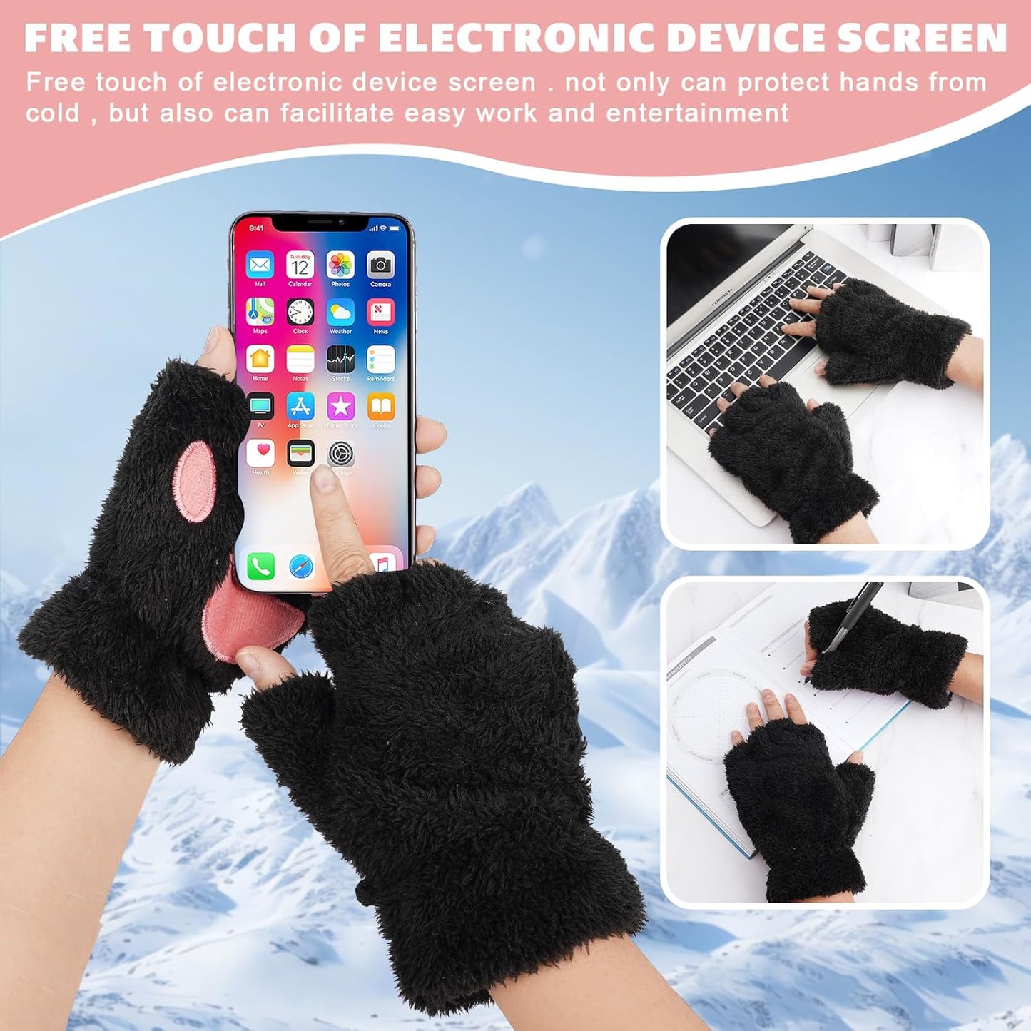 Cat Claw Bear Paw Fingerless Winter Plush Gloves 1*Pair