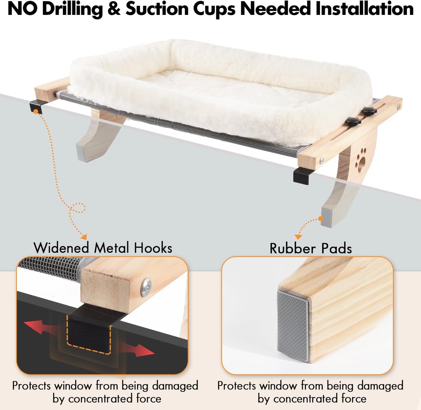 Cat Sill Window Perch Sturdy Hammock Seat with Cushion Bed Cover, Wood & Metal Frame for Large Cats, Easy to Adjust Windowsill, Bedside, Drawer and Cabinet(Cushion Bed)