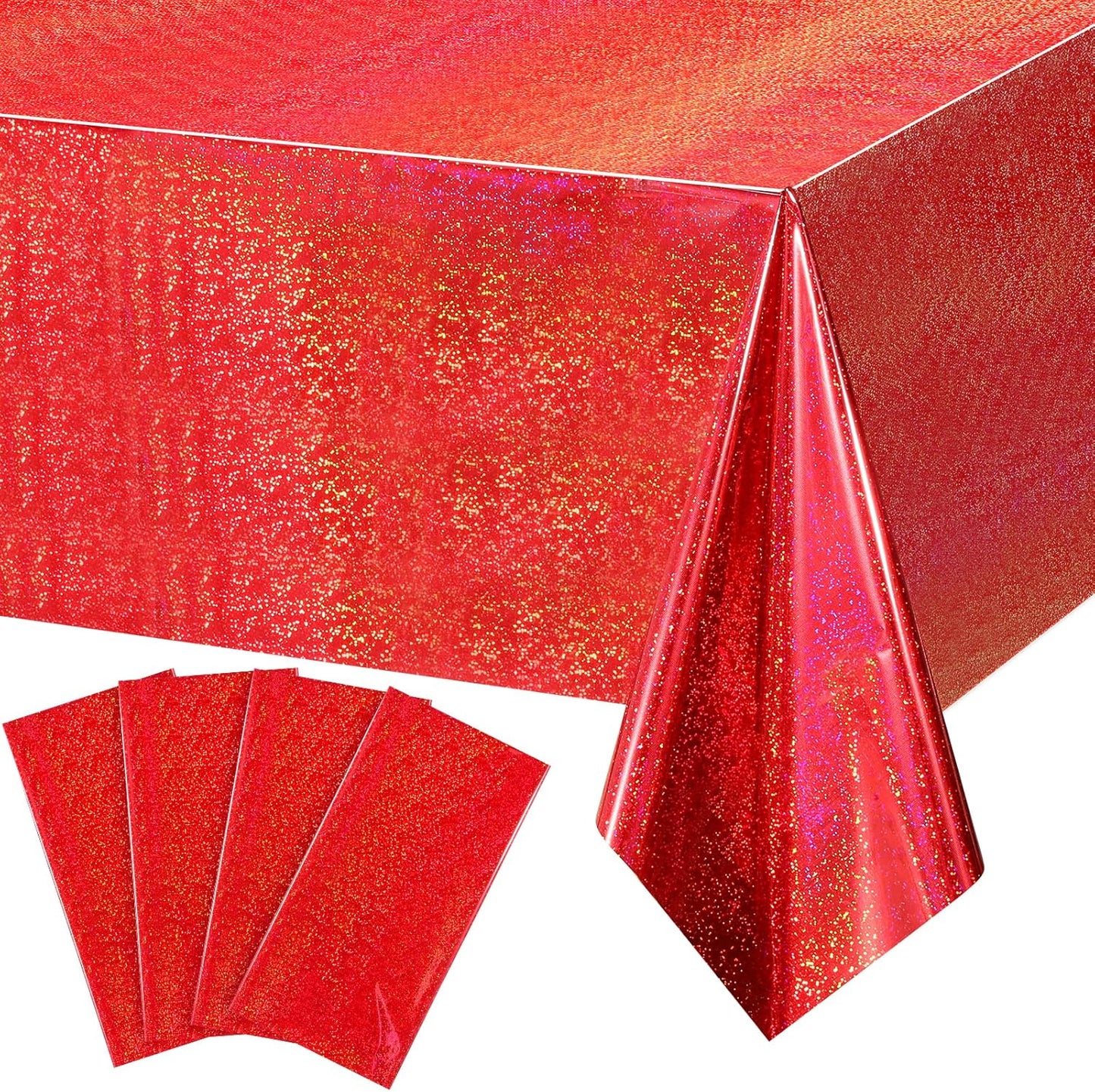 4 Pack Iridescence Red Plastic Tablecloths Shiny Disposable Laser Rectangle Table Covers Holographic Foil Tablecloth Iridescent Party Decoration Birthday Bridal Wedding Christmas 54" X 108"(Red)