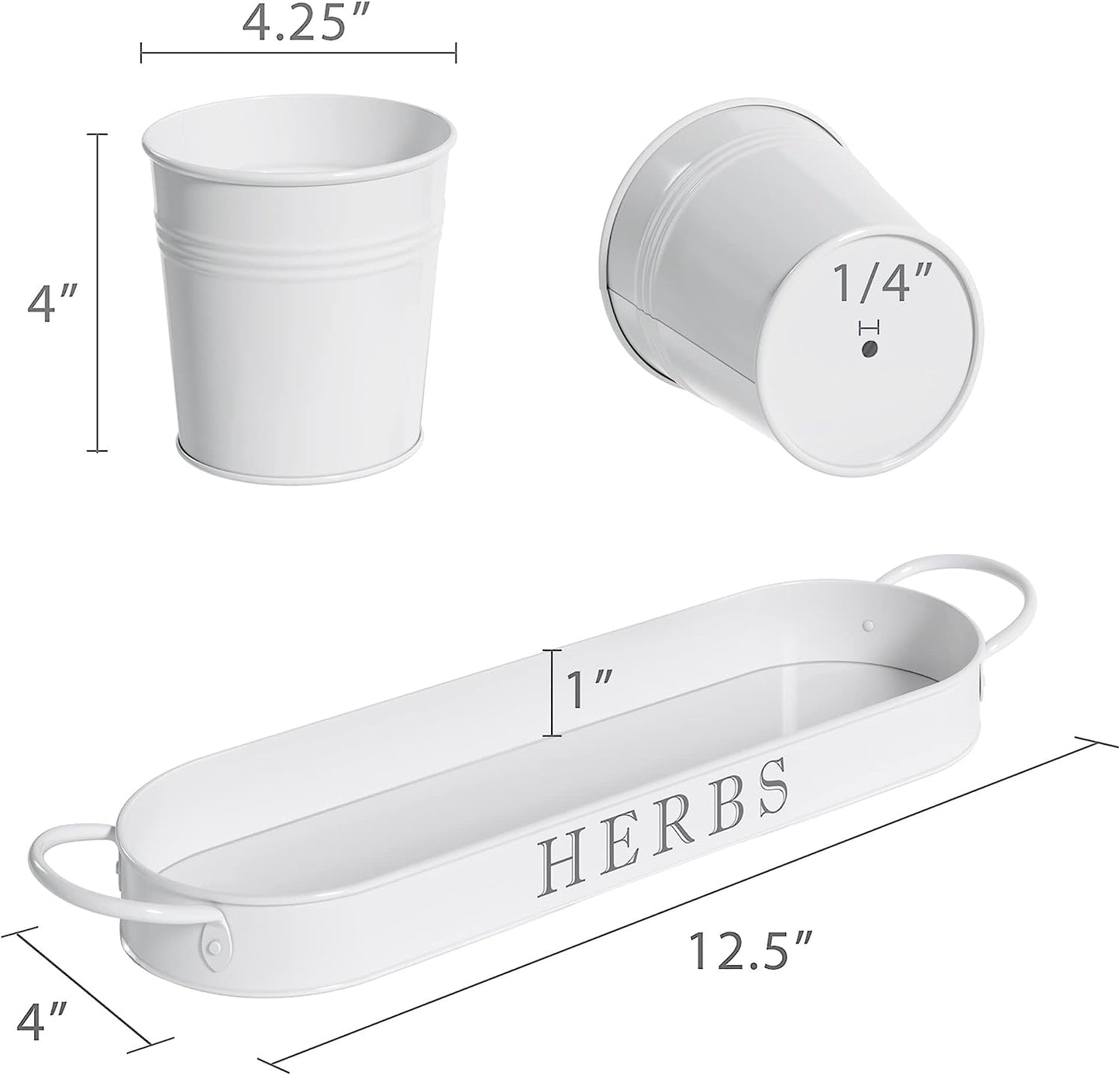 Indoor Herb Garden Planter Set with Tray, Metal Windowsill Plant Pots with Drainage for Outdoor or Indoor Plants, Set/3 (White)