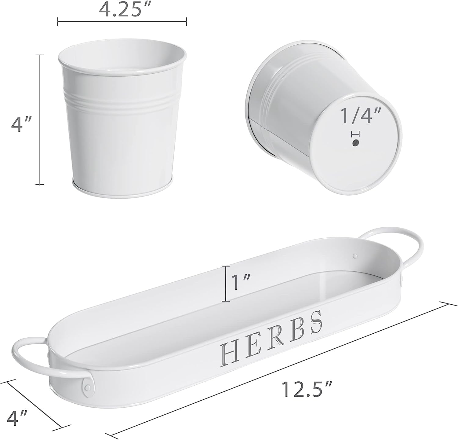 Indoor Herb Garden Planter Set with Tray, Metal Windowsill Plant Pots with Drainage for Outdoor or Indoor Plants, Set/3 (White)