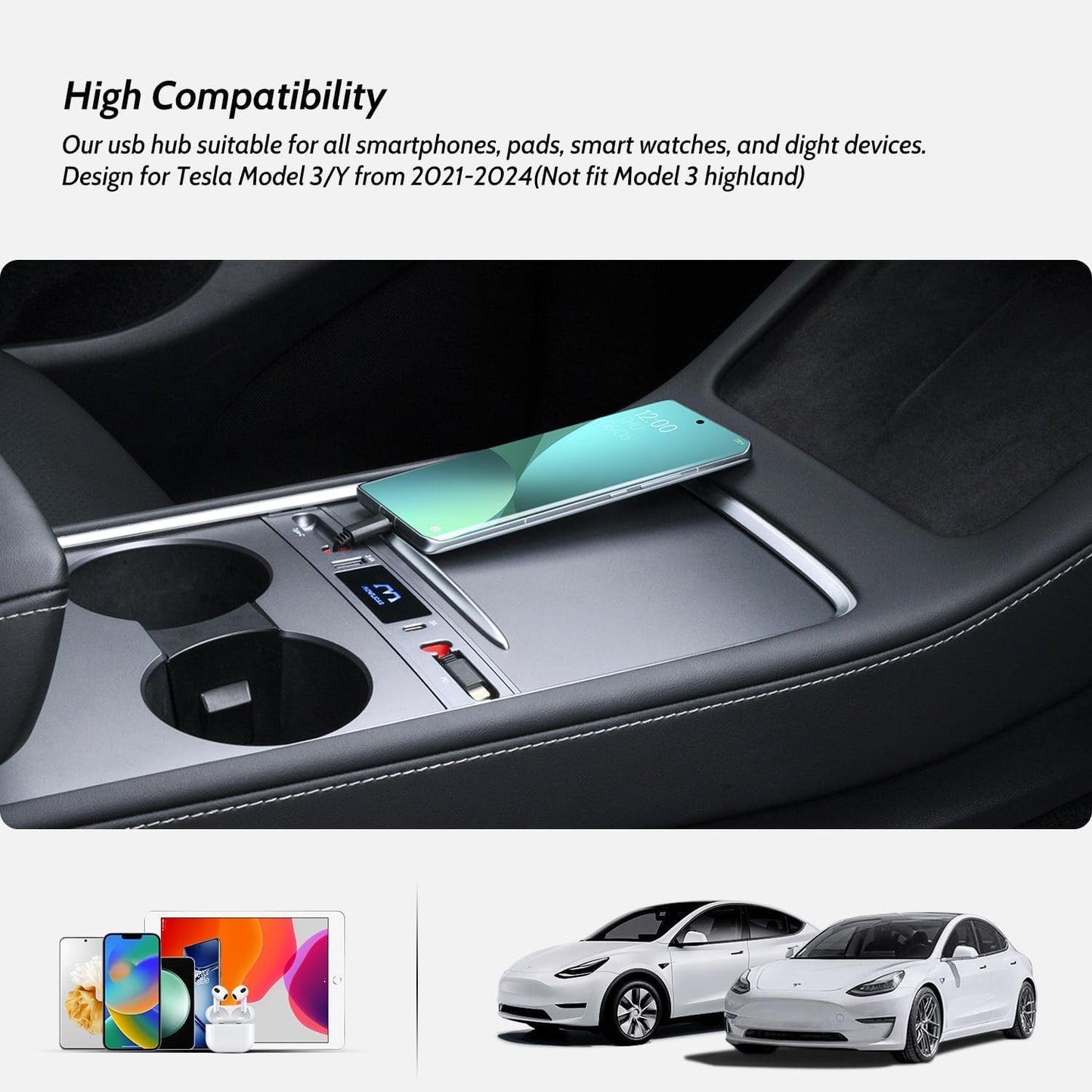 Upgrade Touch Switch Design for Tesla USB Hub (Silver Gray), Retractable Car Charger Is Necessary Model Y 2024/2023/2022/2021 & Model 3 2023/2022/2021 Accessories, Gifts for Tesla Owners