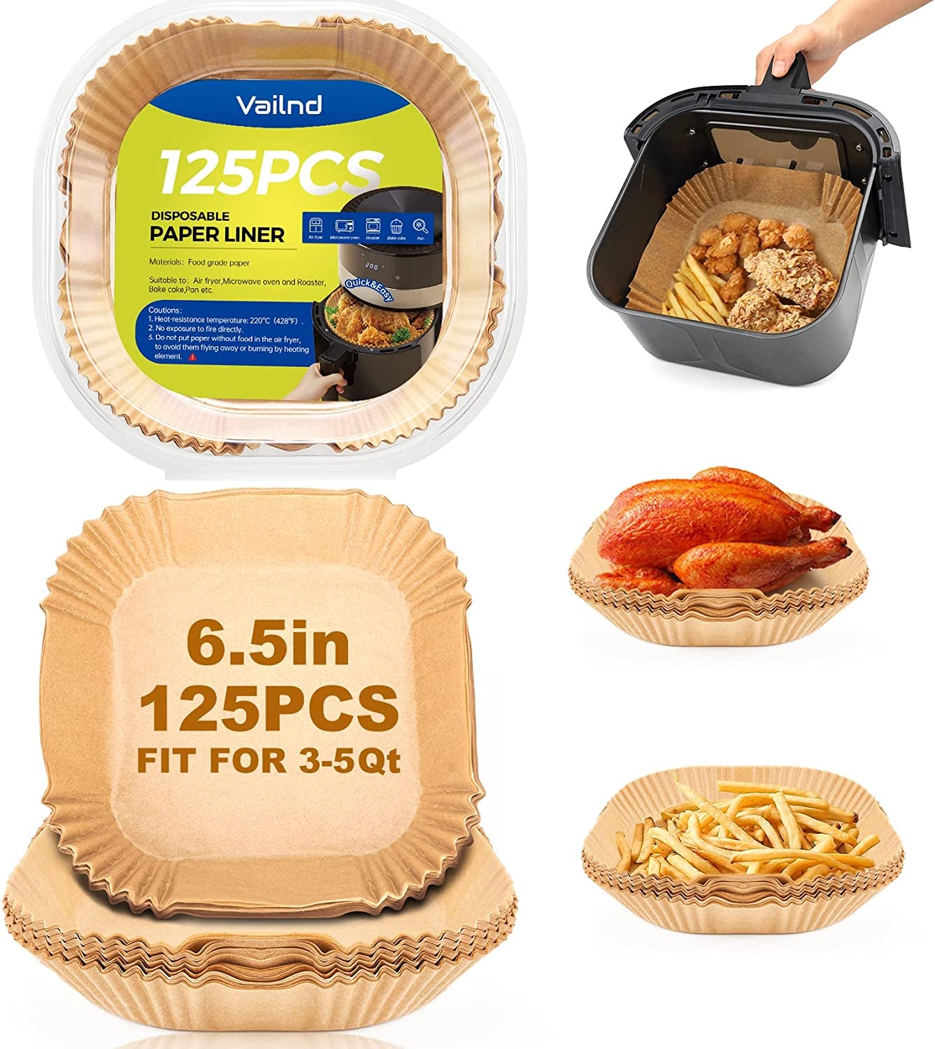 Air Fryer Paper Liners, 125Pcs Parchment Paper, Air Fryer Liner Disposable for Microwave, Non-Stick Air Fryer Liners Square Free of Bleach (8IN)