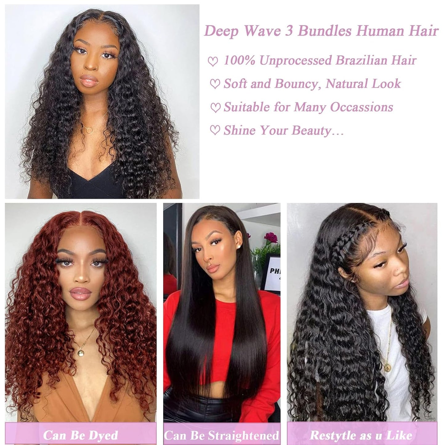 10A Deep Wave Human Hair Bundles 22 24 26 Inch Deep Curly Bundles Human Hair 100% Unprocessed Brazilian Virgin Weave 3 Bundles Wet and Wavy Bundles Double Weft Water Wave Bundles Human Hair