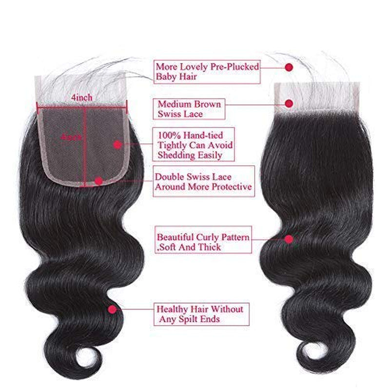 Body Wave Closure 4X4 Free Part Closure Brazilian Human Hair Closure Body Wave Lace Top Closure Human Hair Virgin Human Hair Weave Swiss Lace Closures with Baby Hair Natural Black Color(10Inch)