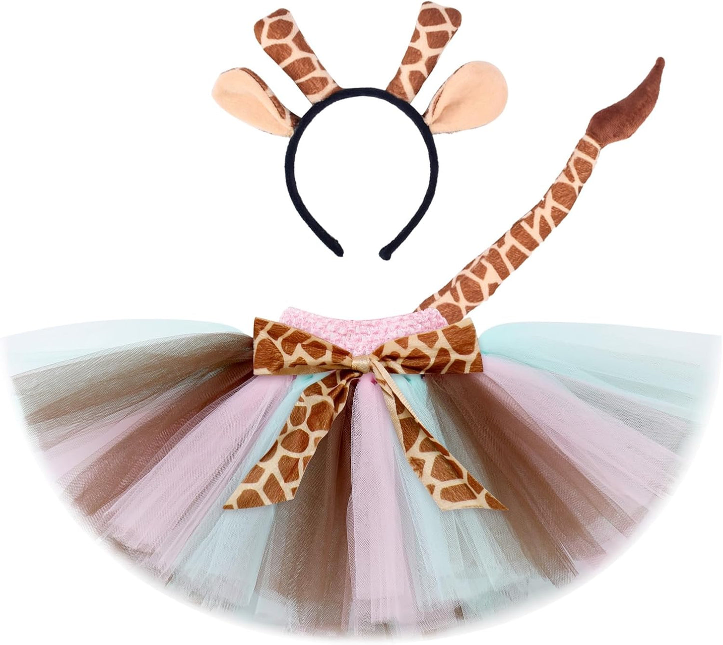 Baby Girls Jungle Animals Costume Tulle Tutu Skirt Ears Headband Bow Tie and Tail Set for Halloween Cosplay Dress Up