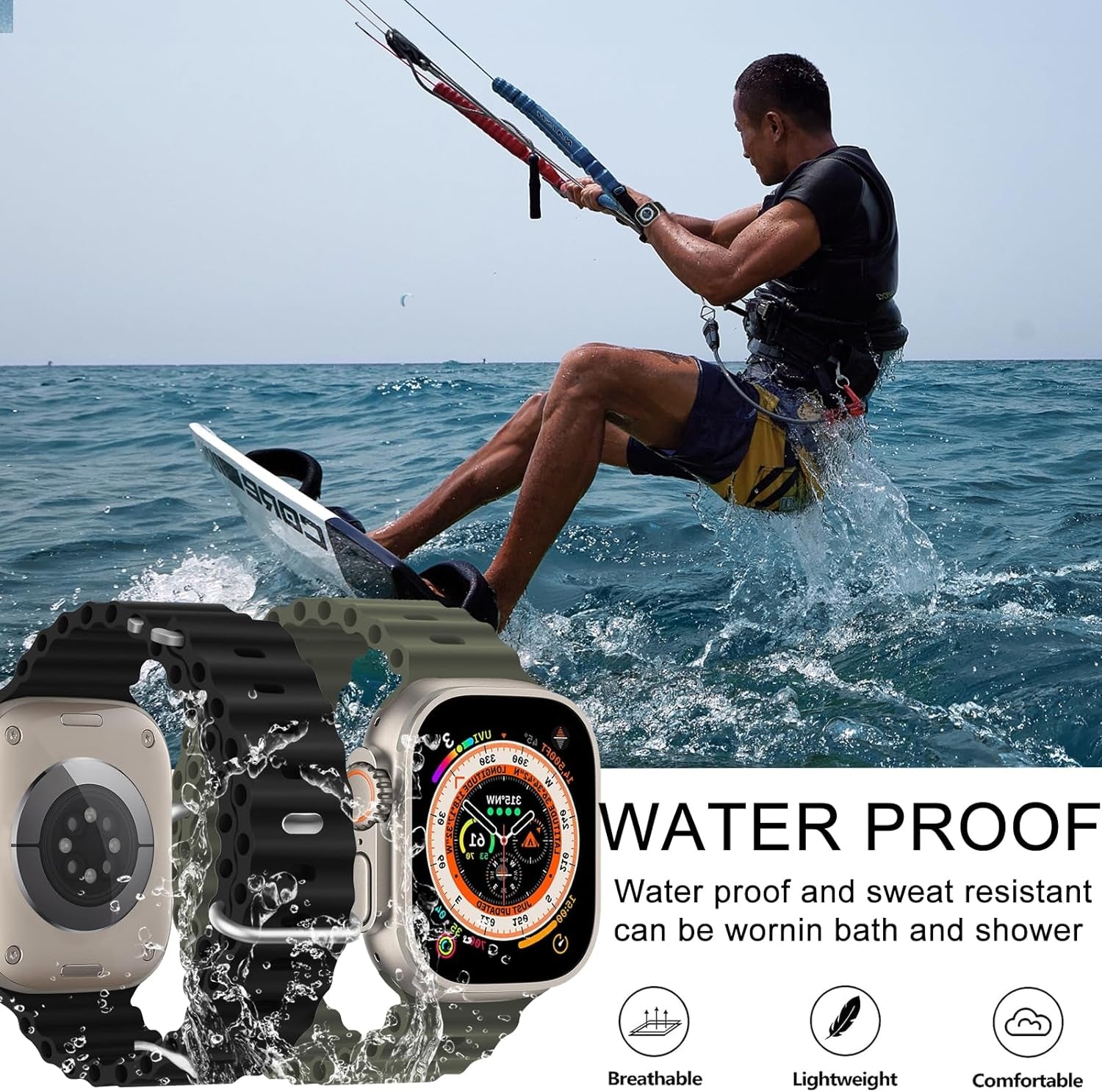 Ocean Silicone Sport Band - Compatible with Apple Watch Ultra 2/Ultra Band 49Mm 45Mm 44Mm 42Mm for Men Women, Breathable Soft Waterproof Strap for Iwatch Ultra 2, Iwatch Ultra Series SE 9/8/7/6/5/4
