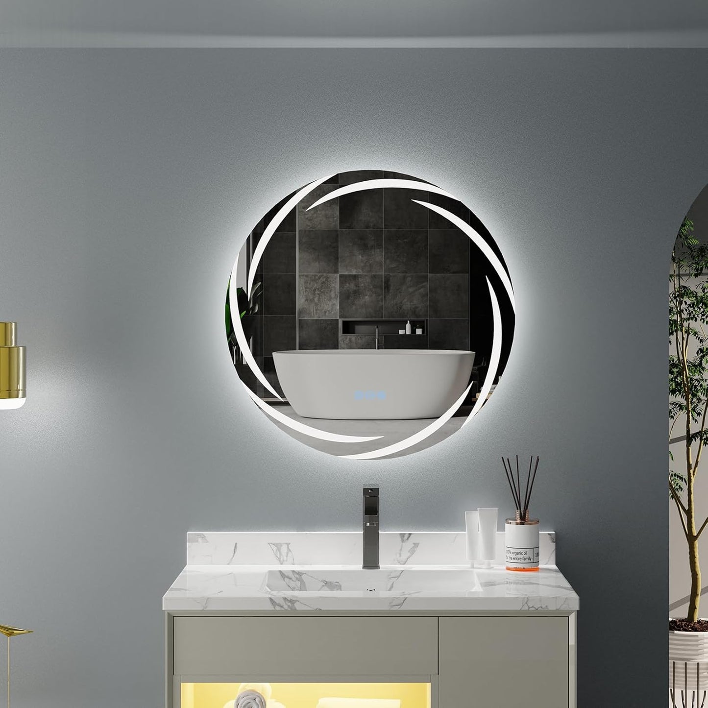 round LED Bathroom Mirror: 24” Circle Lighted Dimmable Wall Mounted Vanity Mirror with Bright Backlit - Smart Mirror anti Fog with Touch Switch for Restroom Bedroom Living Room