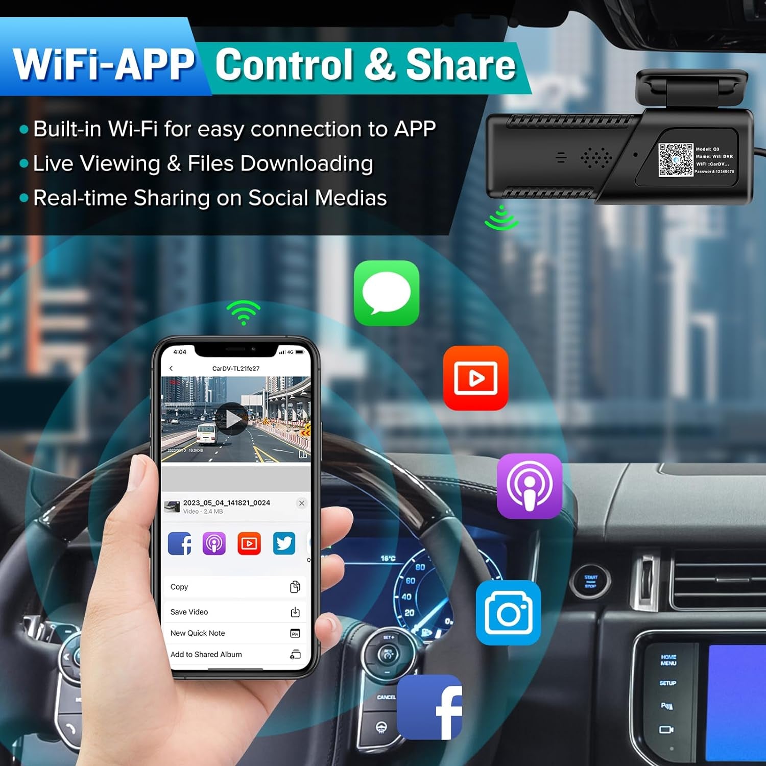 Dash Cam, 2K Dash Camera for Cars Wifi FHD, Mini Car Camera, Dash Cam Front with Free 64GB SD Card, 160° Wide Angle, Loop Recording, Night Vision, 24H Parking Monitor, Support 128GB Max