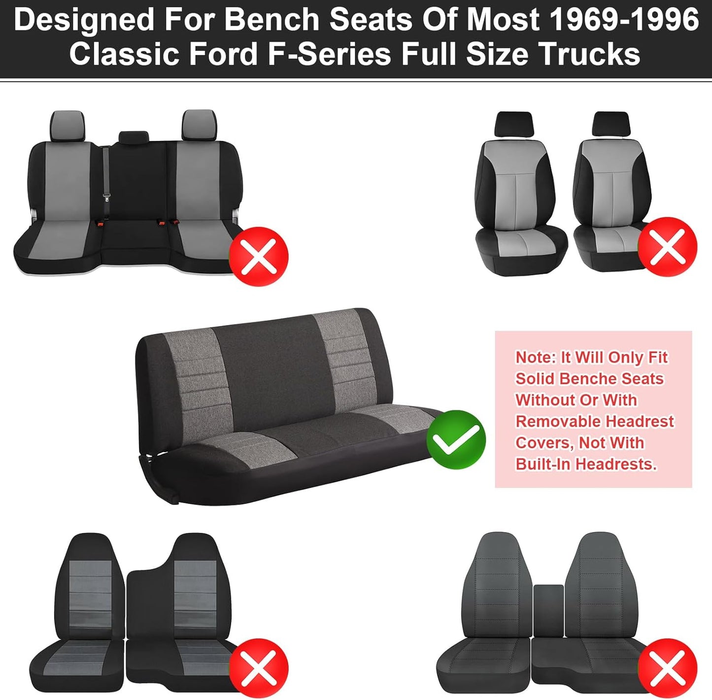 Custom-Fit Bench Seat Covers Replace for 1969-1996 Ford F100 F150 F250 Series Air Mesh Fabric Full Size Classic Trucks Seat Protector without Headrests (Black &Gray)