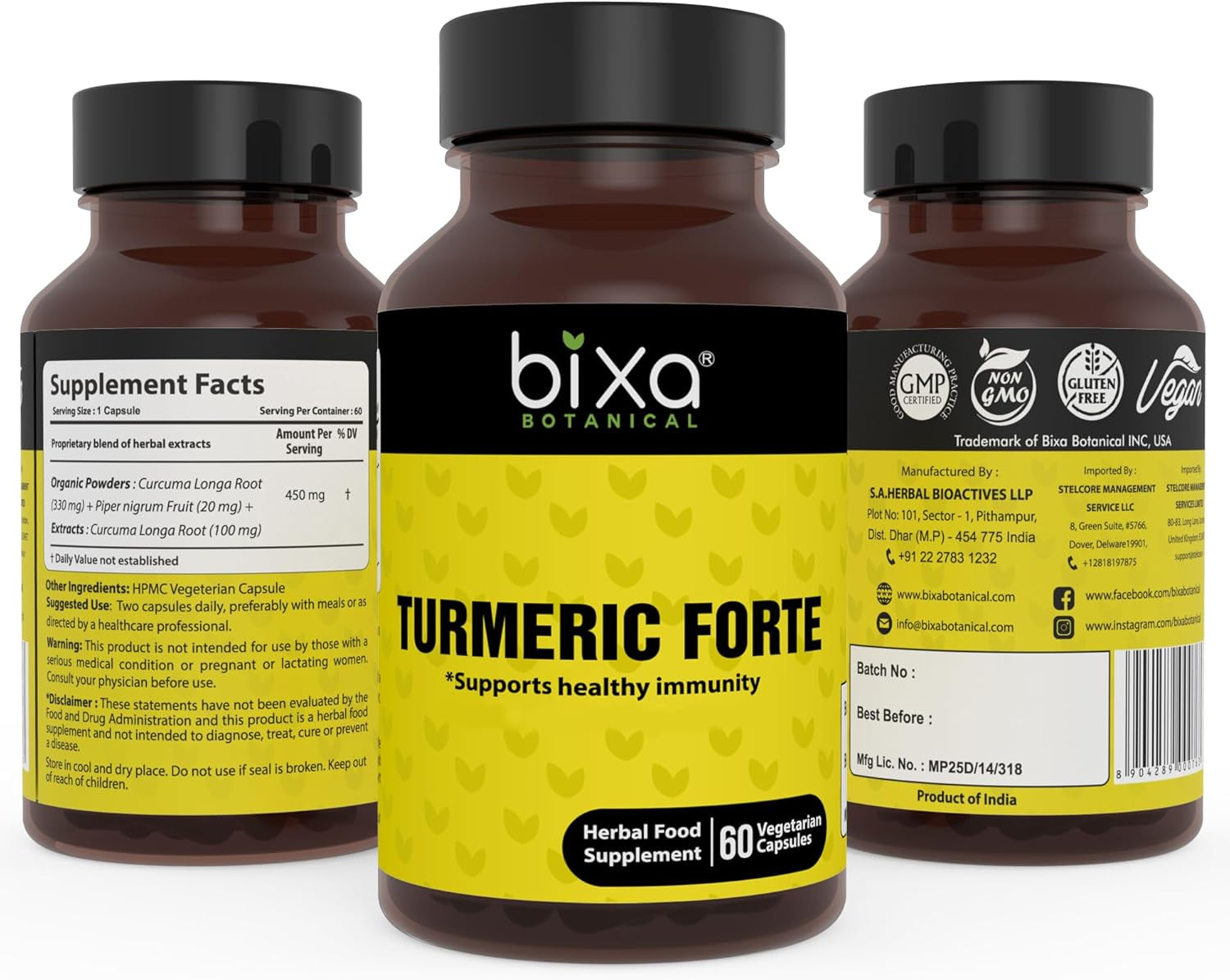 Ayurvedic Natural Herbal Supplement Turmeric Forte Capsules (100% Pure Authentic Premium Quality) 450Mg 60 Veg Capsules TLBH