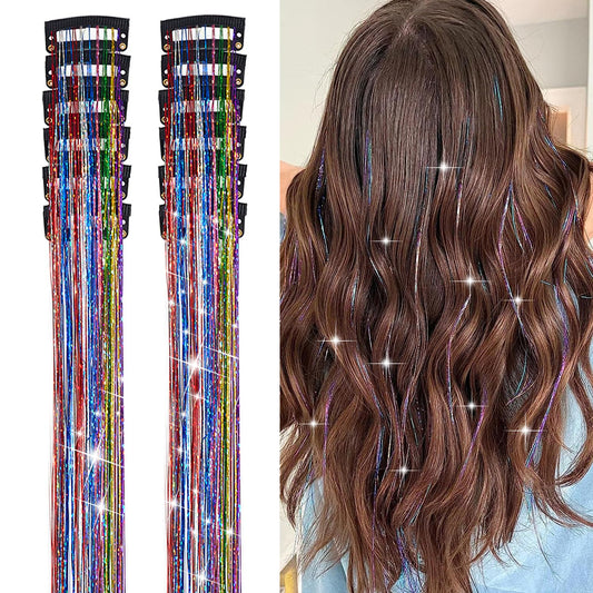 12Pcs Hair Tinsel Clip in 19.6Inch Glitter Tinsel Hair Extensions Clip in Hair Tinsel Kit Heat Resistant Shiny Sparkle Fairy Hair Accessories for Women Girls Kids (Colorful)