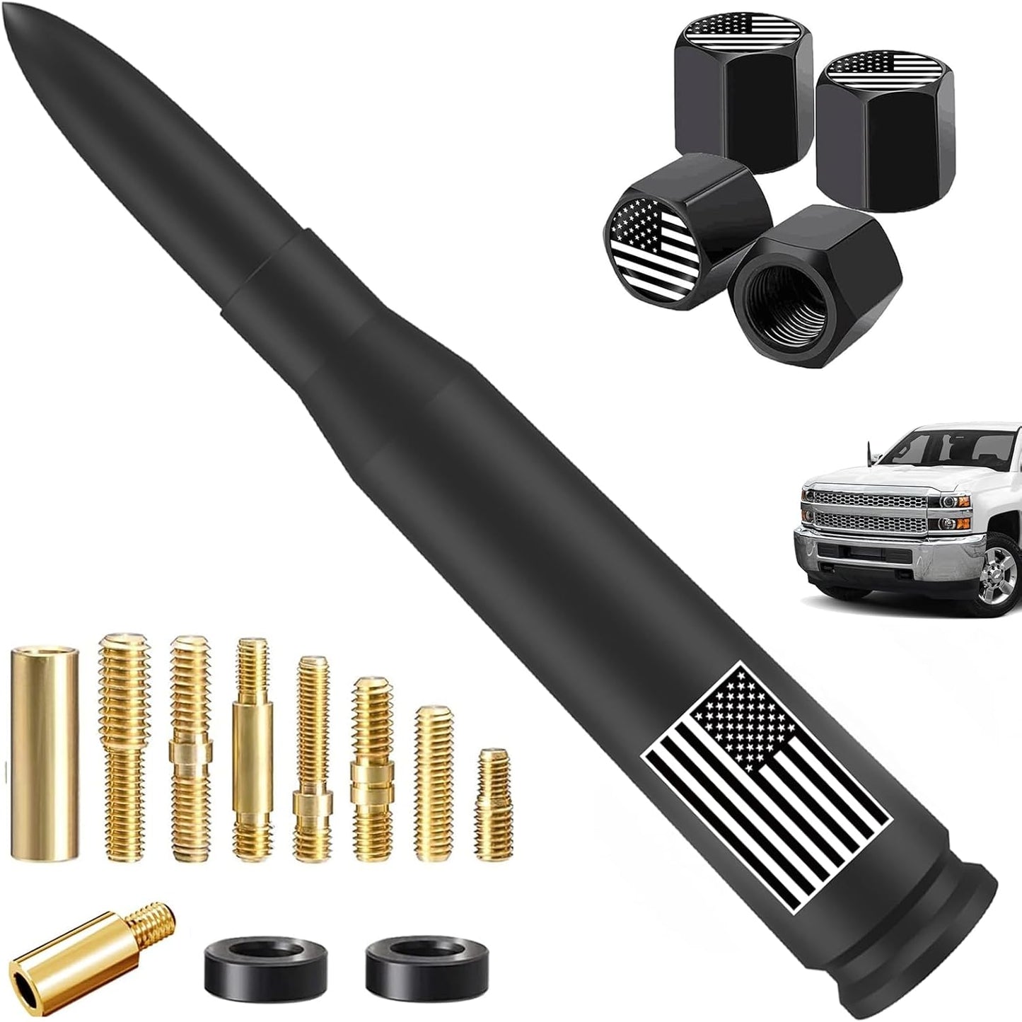 American Flag Car Truck Antenna with Valve Stem Caps, Universal Mast for GM Chevy Silverado 1500 2500 3500 HD Avalanche Ford F150 F250 F350 Denali Heavy Duty Pickup Trucks Accessories (Black)
