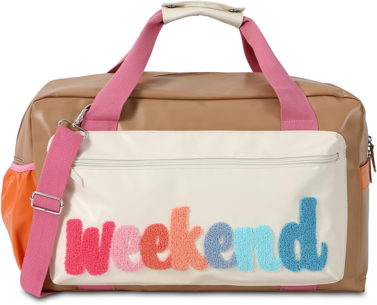 Chenille Letter Travel Duffle Bag Large PU Leather Weekender Overnight Bag for Women Carry on Bags Travel Tote（Weekender）